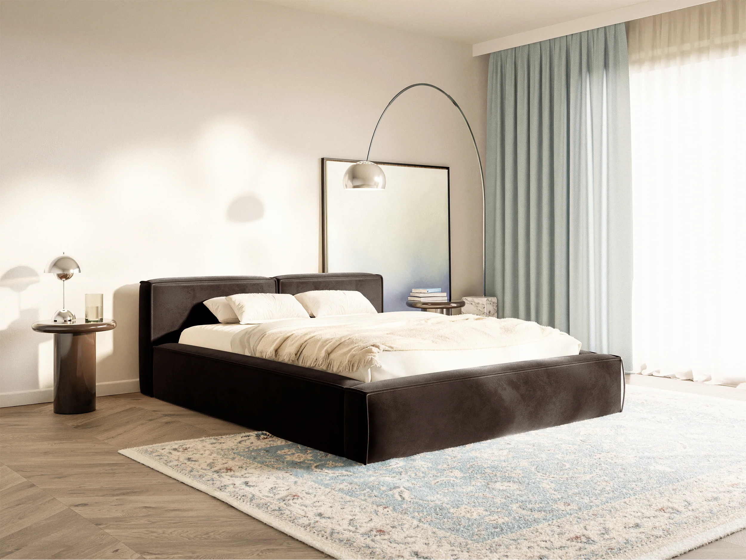 Łóżko tapicerowane 200x200 cm Tilves Slim Low z pojemnikiem stelaż metalowy brązowe welur - Image 2