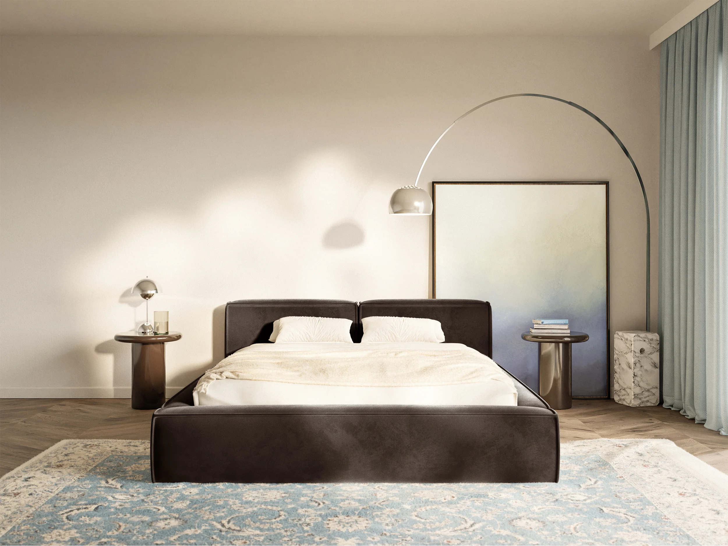 Łóżko tapicerowane 200x200 cm Tilves Slim Low z pojemnikiem stelaż metalowy brązowe welur - Image 3