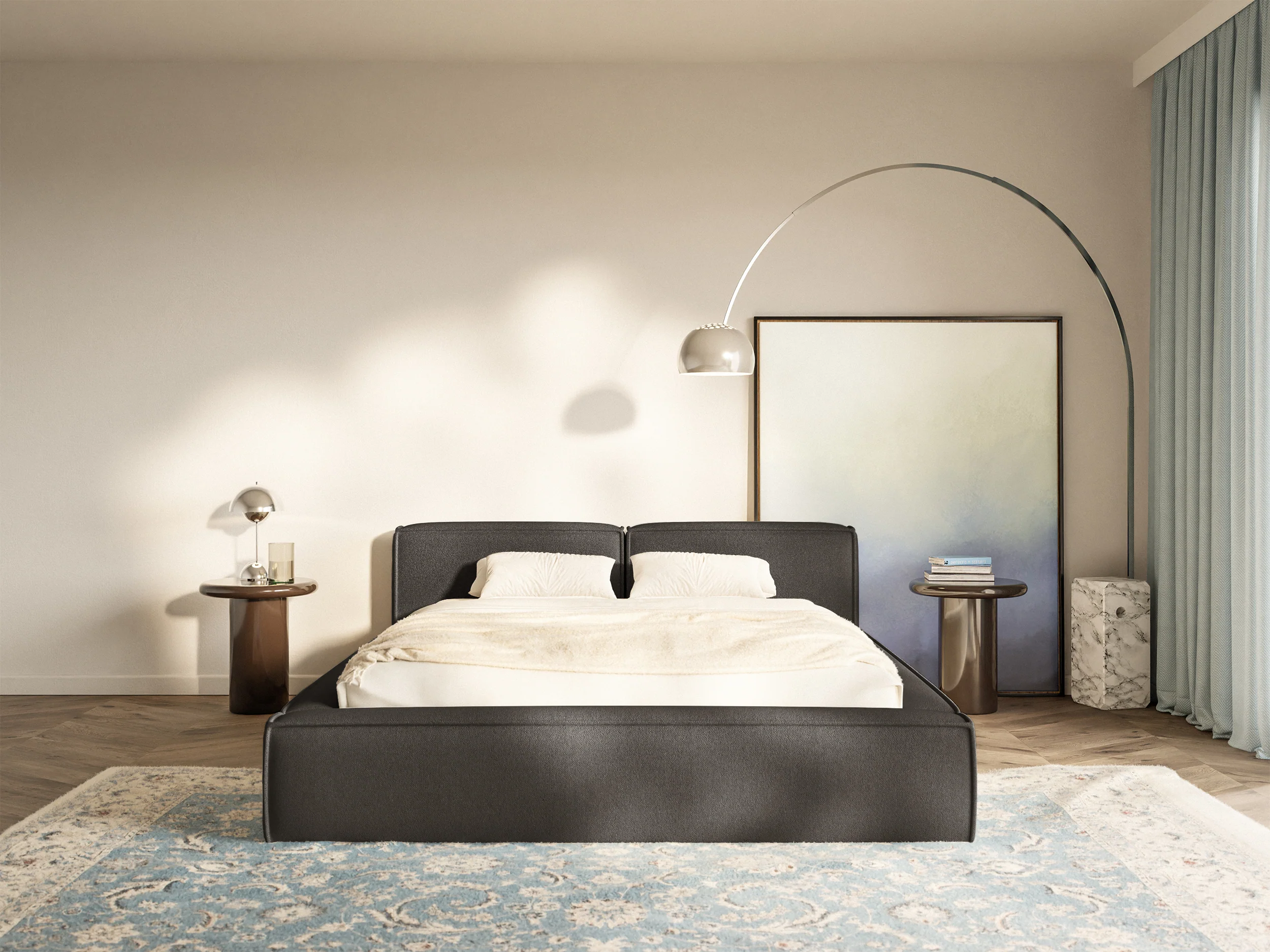 Łóżko tapicerowane 200x200 cm Tilves Slim Low z pojemnikiem stelaż metalowy grafitowe szenil - Image 3