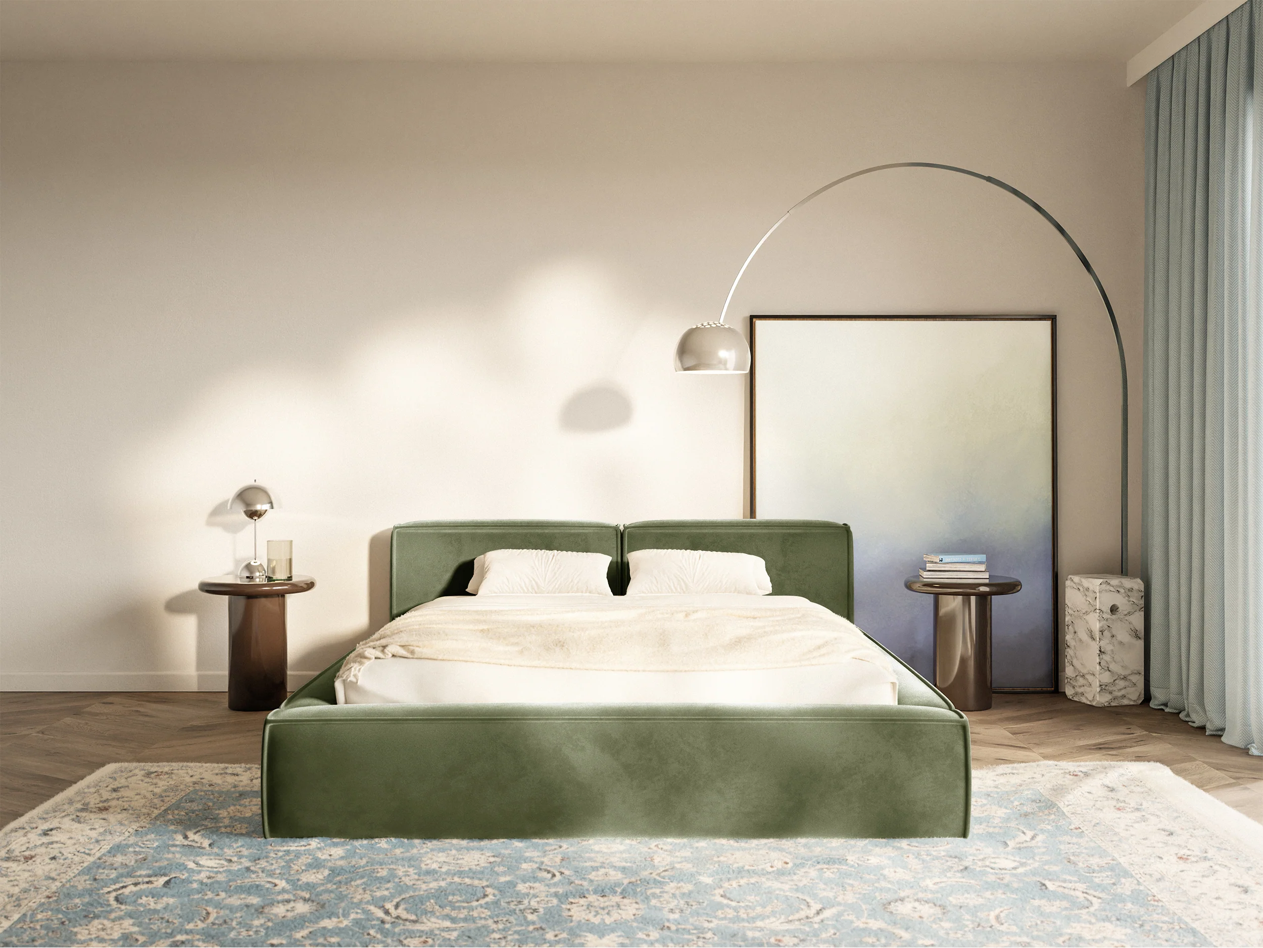 Łóżko tapicerowane 200x200 cm Tilves Slim Low z pojemnikiem stelaż metalowy oliwkowe welur - Image 3
