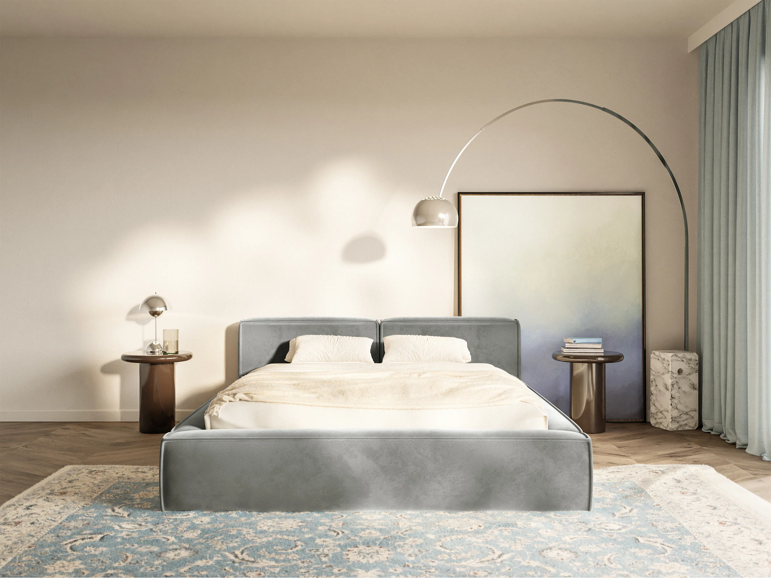 Łóżko tapicerowane 200x200 cm Tilves Slim Low z pojemnikiem stelaż metalowy szare welur - Image 3