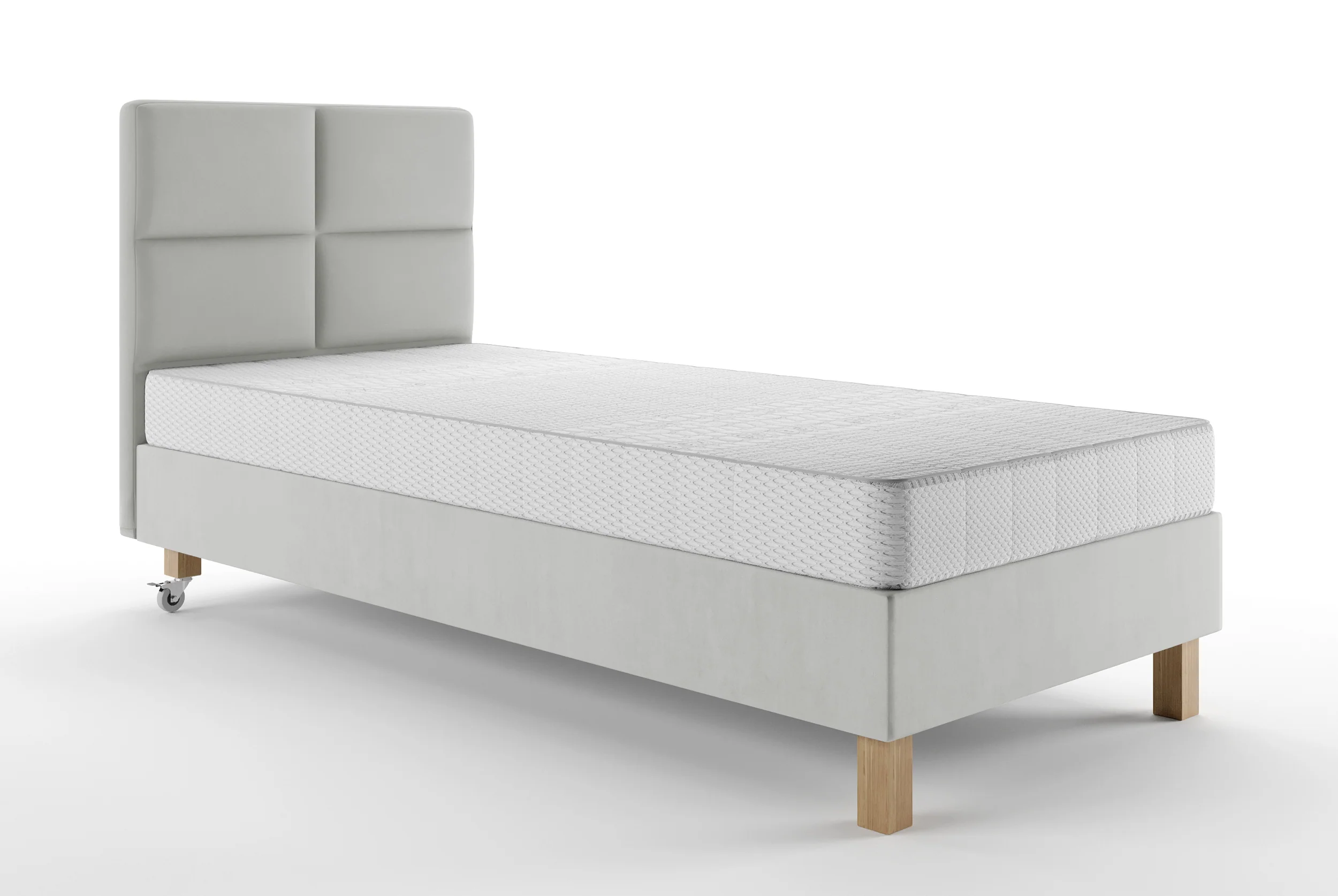 Łóżko tapicerowane 80x200 cm Donbay z wezglowiem panelowym i materacem kieszeniowym jasnoszare welur hydrofobowy