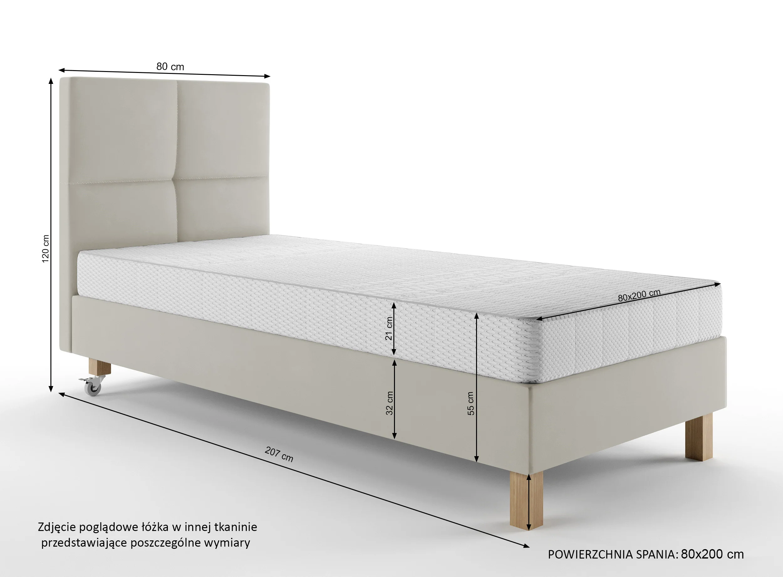 Łóżko tapicerowane 80x200 cm Donbay z wezglowiem panelowym i materacem kieszeniowym szarobeżowe welur hydrofobowy - Image 5
