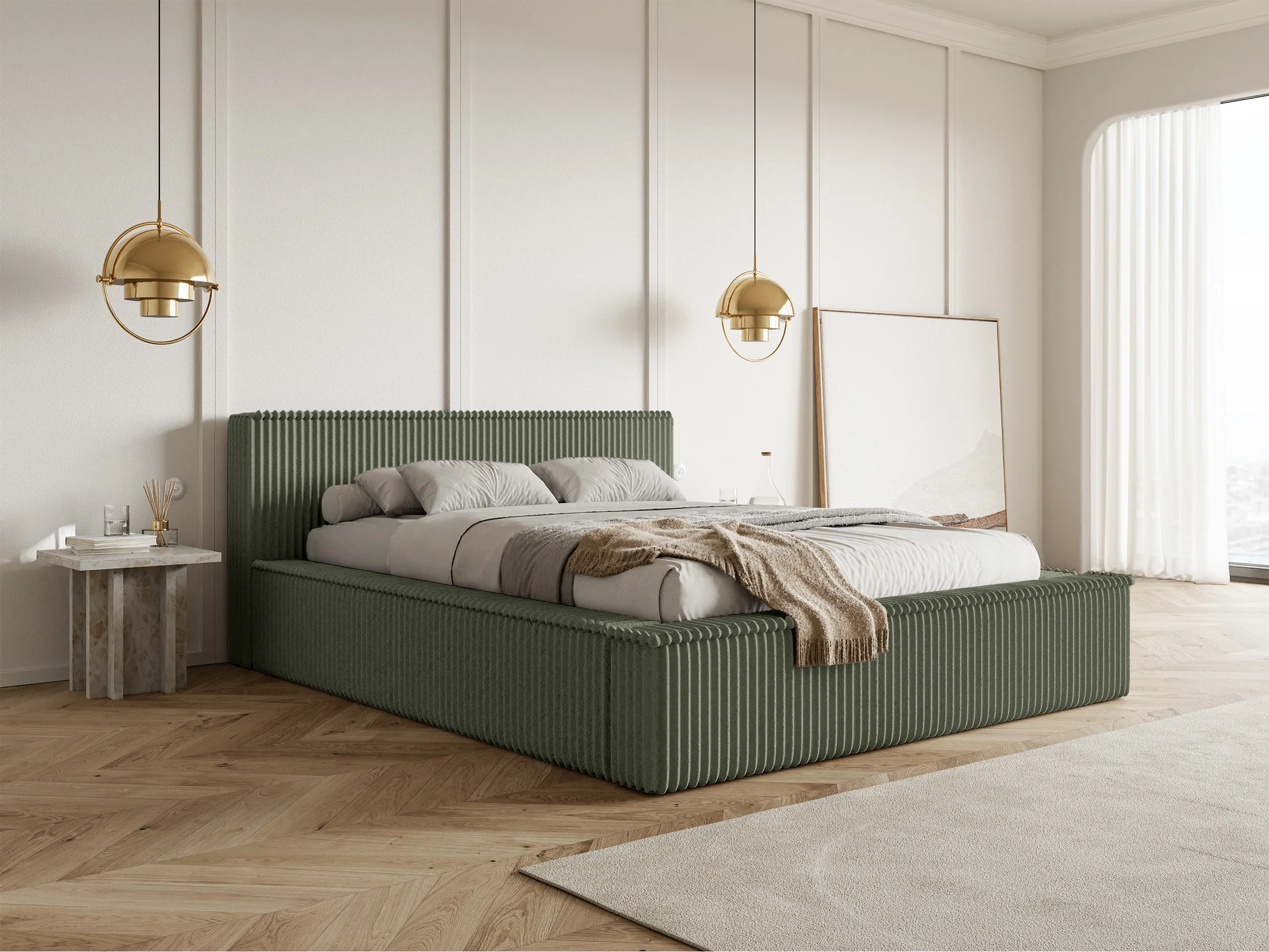 Łóżko tapicerowane Affolio 160x200 cm z pojemnikiem khaki gruby sztruks - Image 2