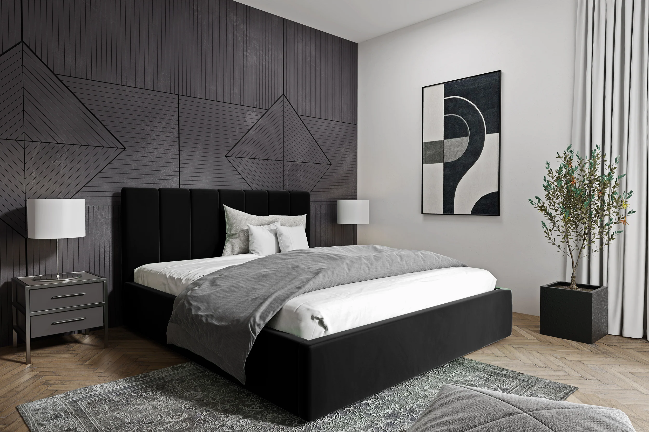 Łóżko tapicerowane Isara 160x200 cm z pojemnikiem czarne welur - Image 2