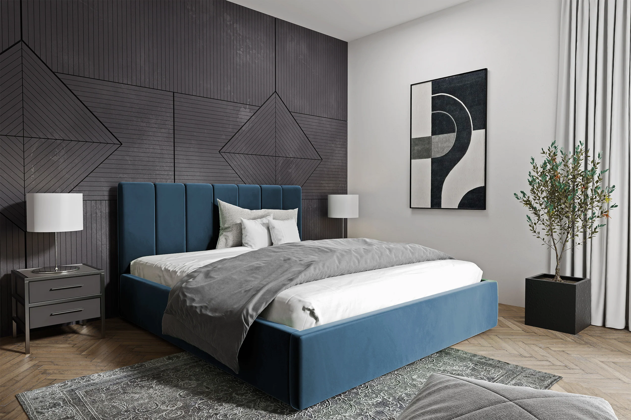 Łóżko tapicerowane Isara 160x200 cm z pojemnikiem niebieskie welur - Image 2