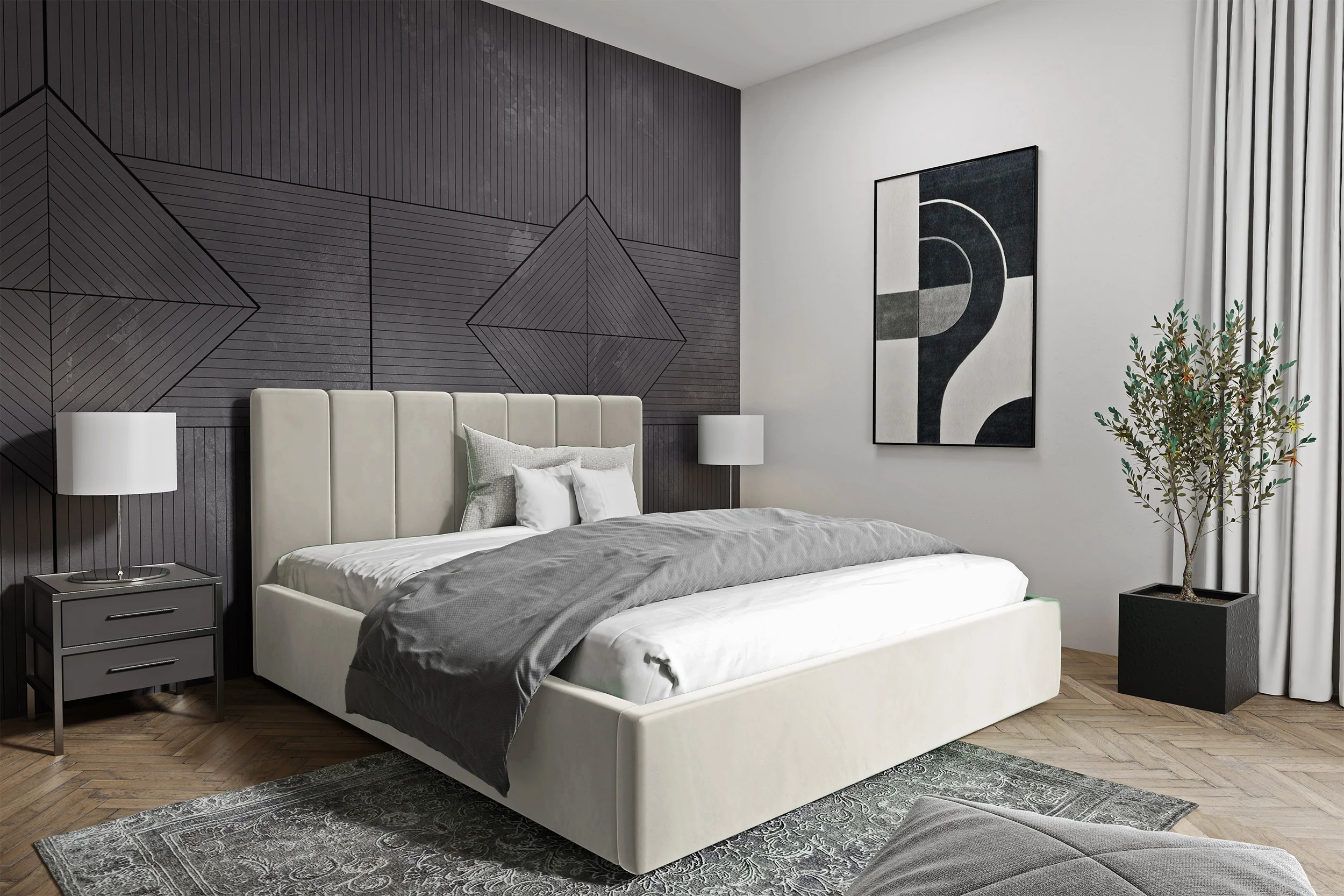 Łóżko tapicerowane Isara 180x200 cm z pojemnikiem kremowe welur - Image 2