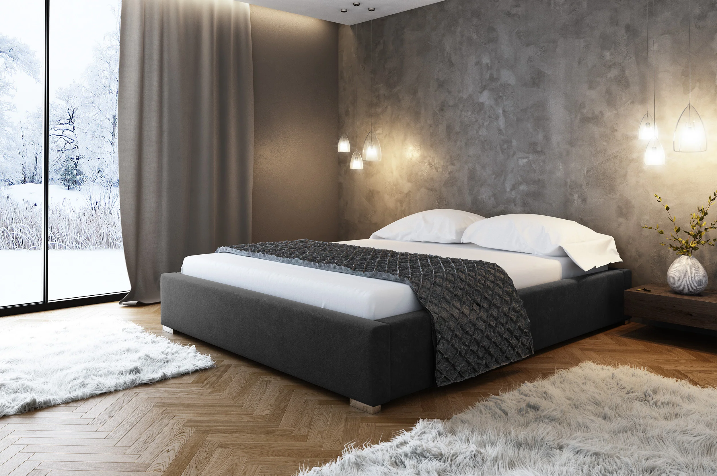 Łóżko tapicerowane Plene 140x200 ze stelażem metalowym i pojemnikiem ciemnoszare hydrofobowe - Image 2