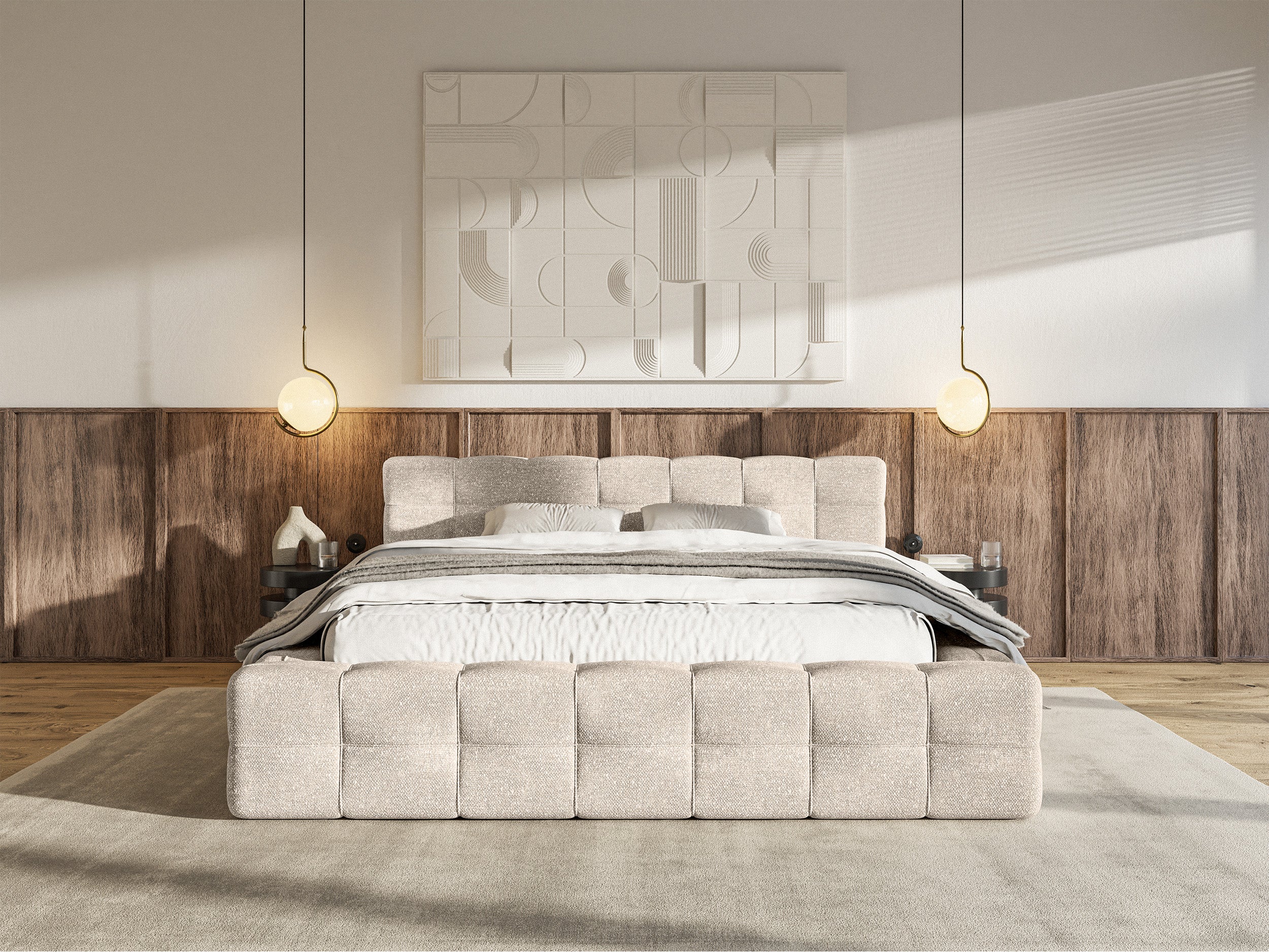 Łóżko tapicerowane Puffly 160x200 cm z pojemnikiem stelaż metalowy beżowy szenil - Image 3