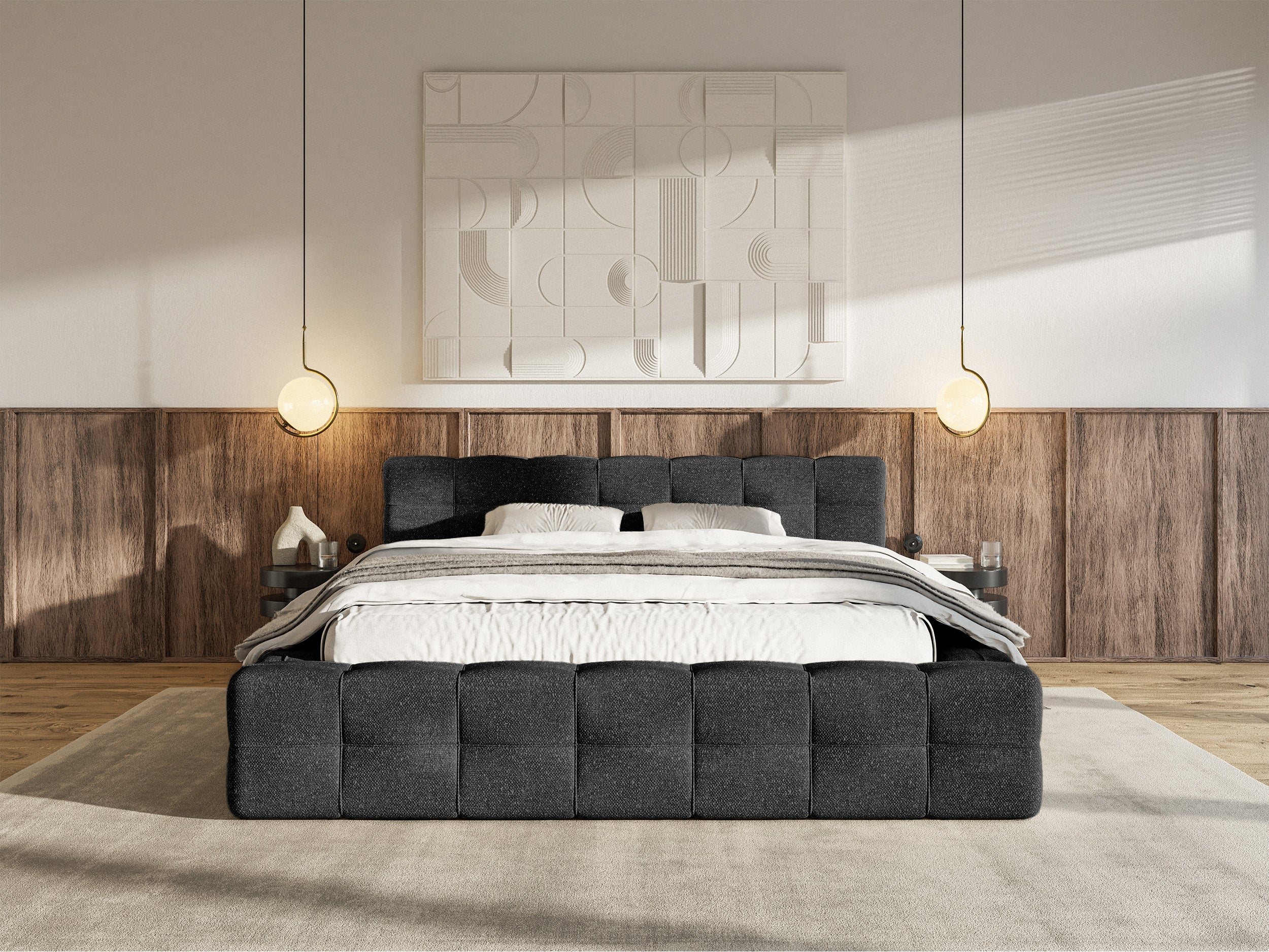 Łóżko tapicerowane Puffly 160x200 cm z pojemnikiem stelaż metalowy czarny szenil - Image 3