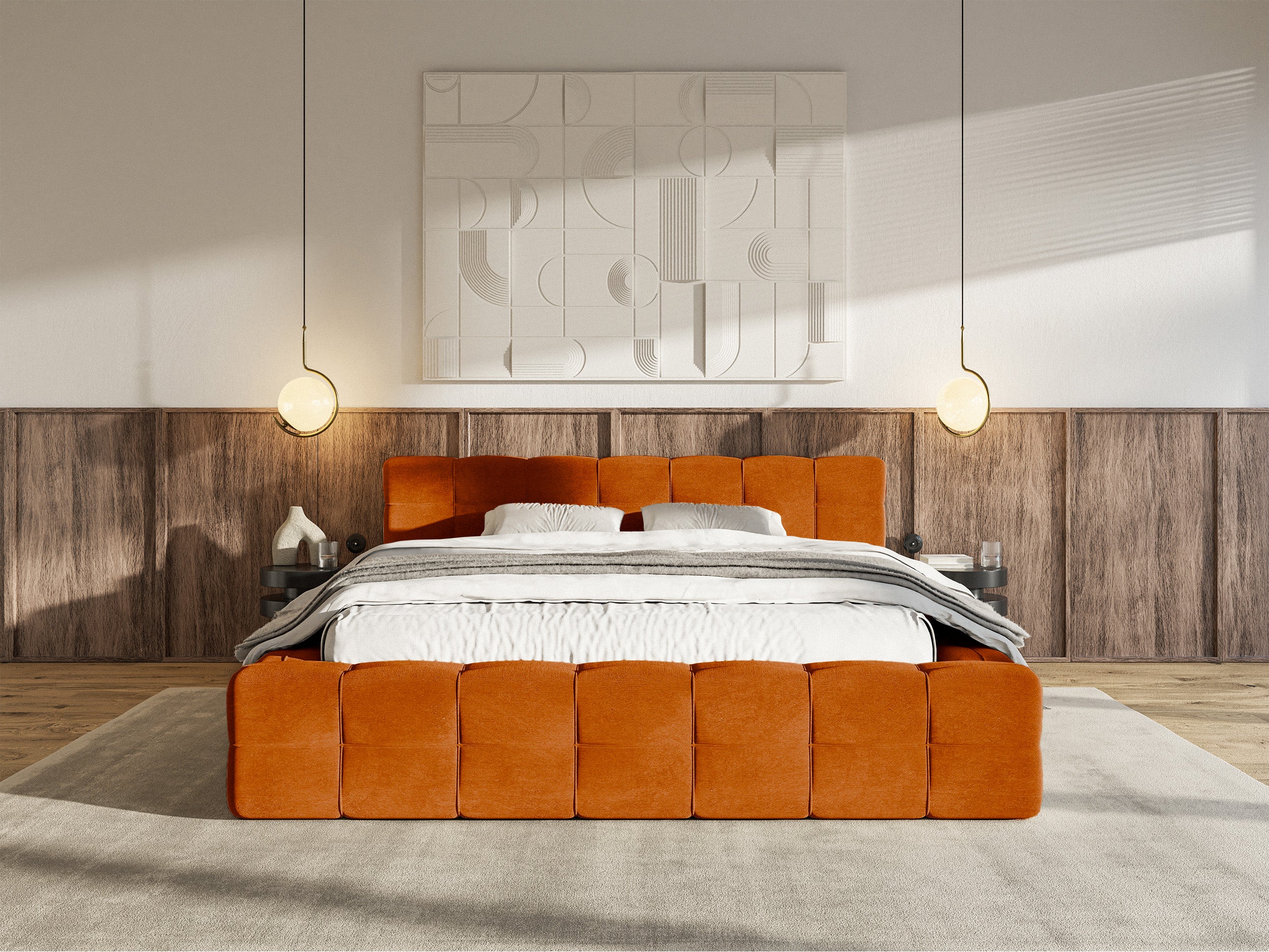 Łóżko tapicerowane Puffly 160x200 cm z pojemnikiem stelaż metalowy miedziany welur - Image 3
