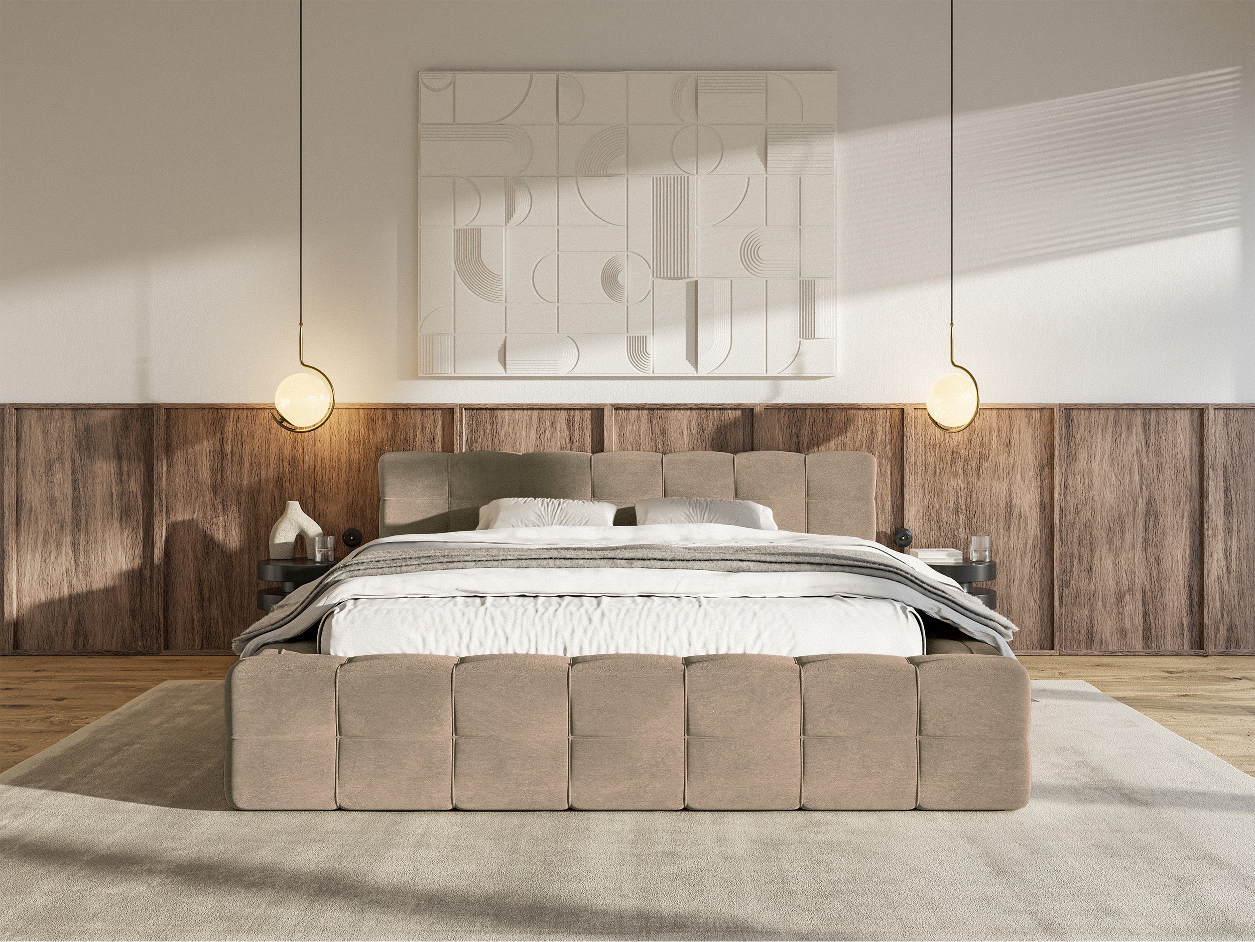 Łóżko tapicerowane Puffly 180x200 cm z pojemnikiem stelaż metalowy ciemnobeżowy welur - Image 3