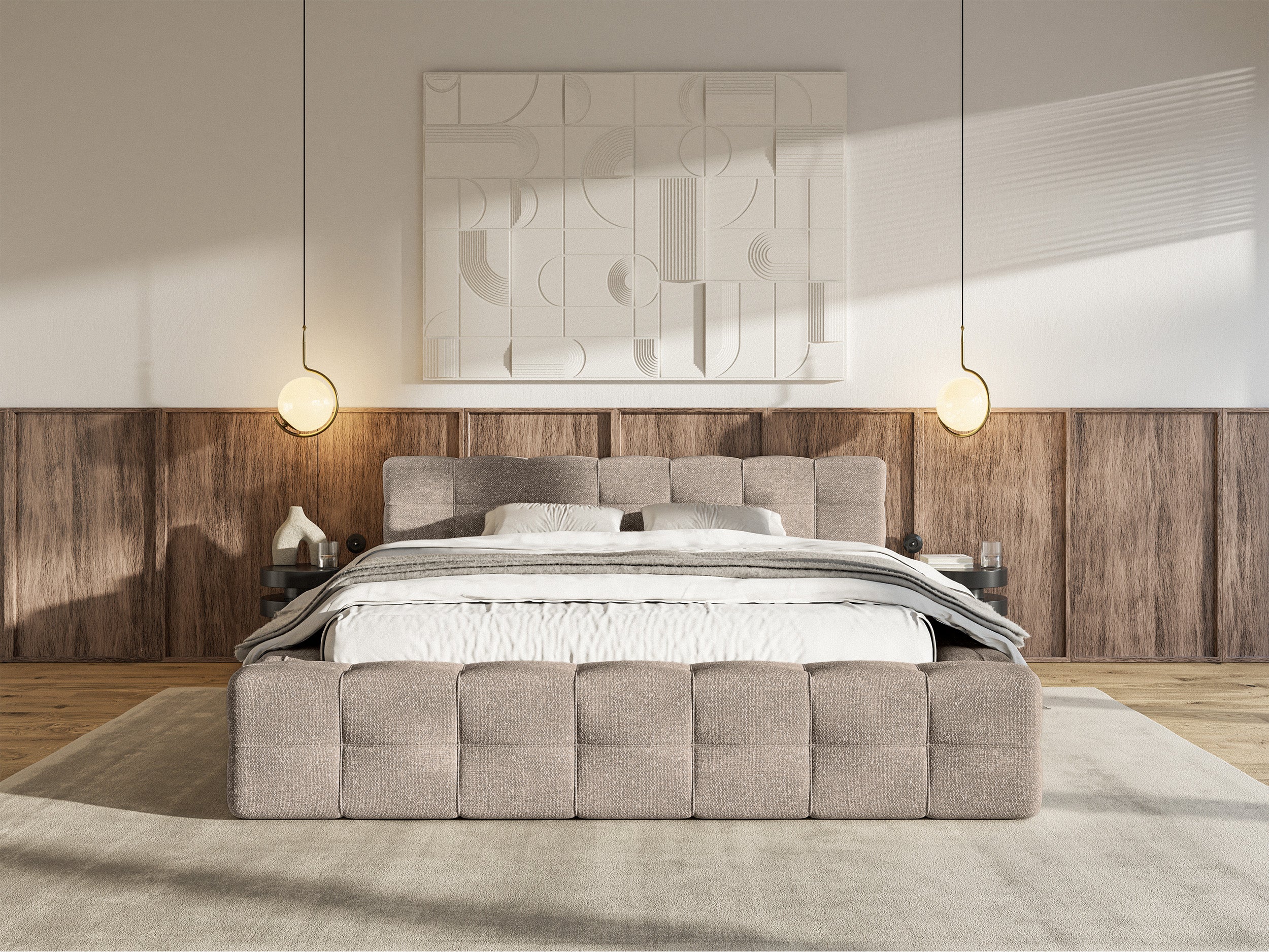 Łóżko tapicerowane Puffly 180x200 cm z pojemnikiem stelaż metalowy jasnobrązowy szenil - Image 3
