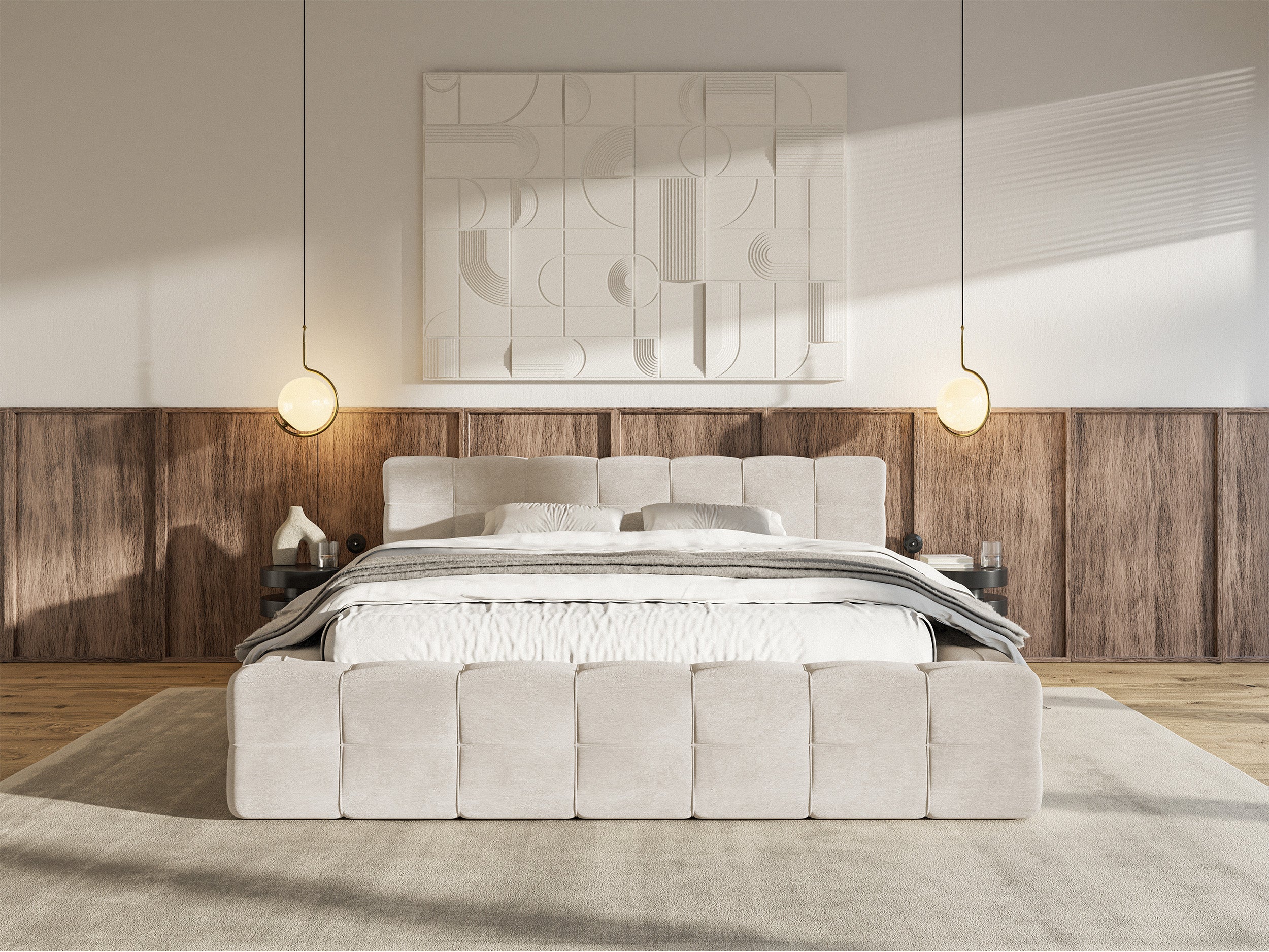 Łóżko tapicerowane Puffly 180x200 cm z pojemnikiem stelaż metalowy szarobeżowy welur - Image 3