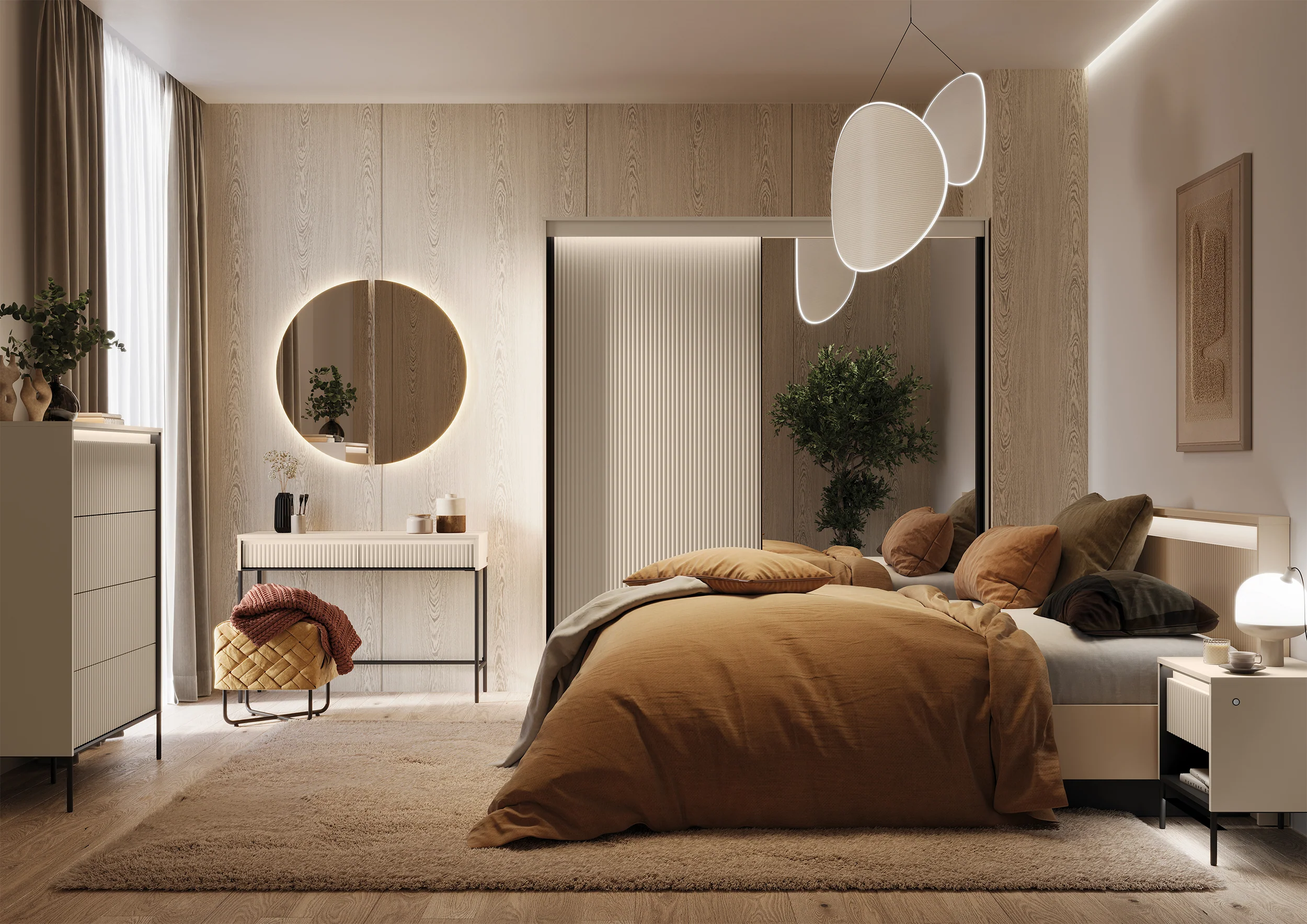 Łóżko Trend 180x200 cm ryflowane z pojemnikiem i oświetleniem beż piaskowy / czarny - Image 3