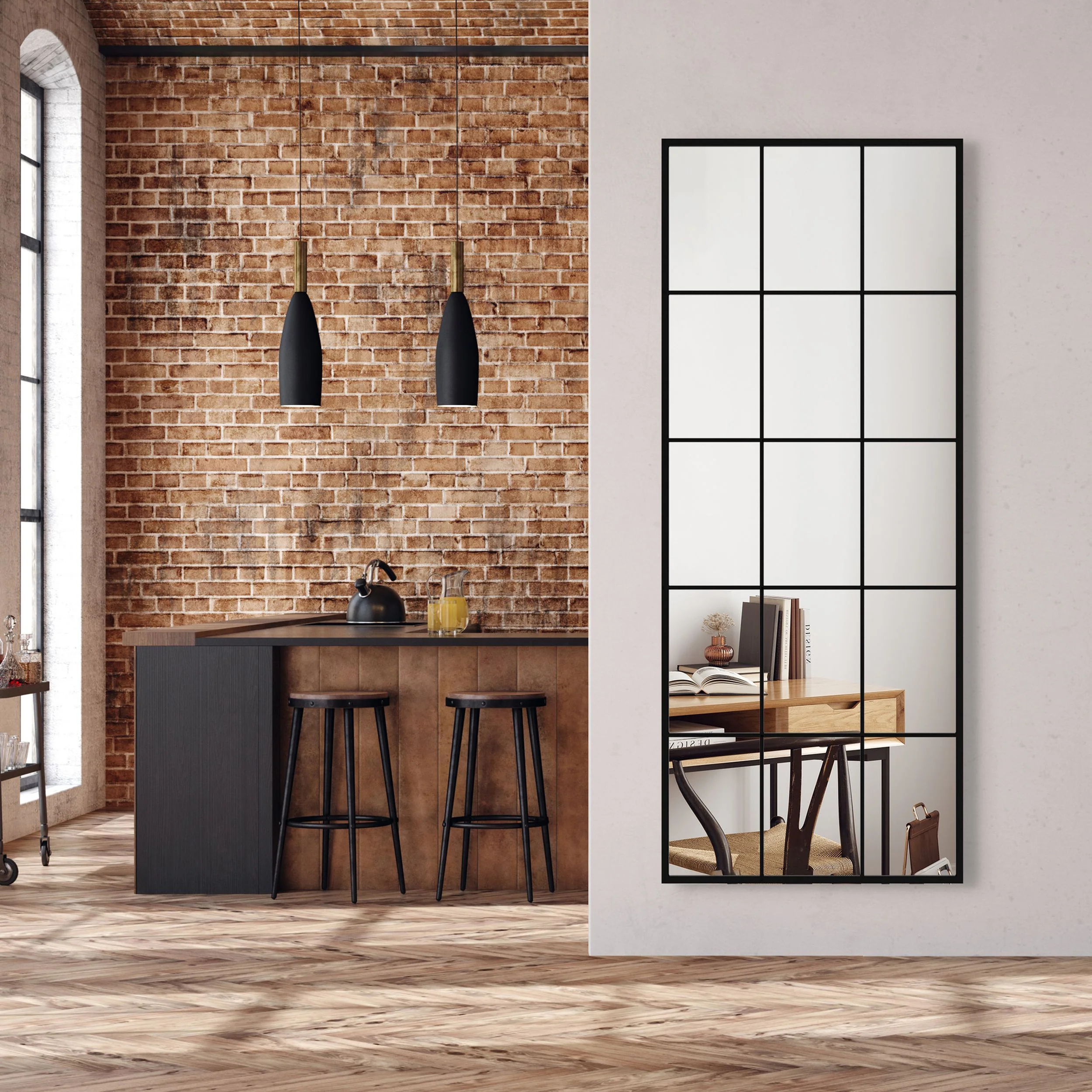 Lustro ścienne Villary 150x60 cm ze szprosami małe kwatery czarne - Image 2