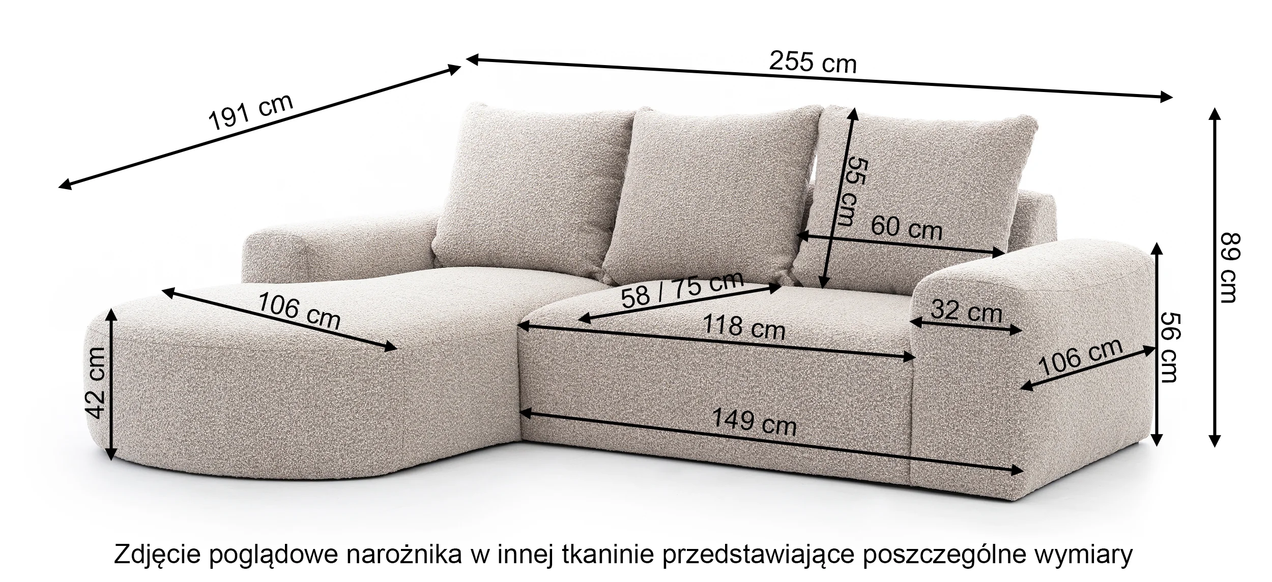 Narożnik modułowy Castellina L-kształtny 255 cm mniejszy beżowy w tkaninie boucle prawostronny - Image 4