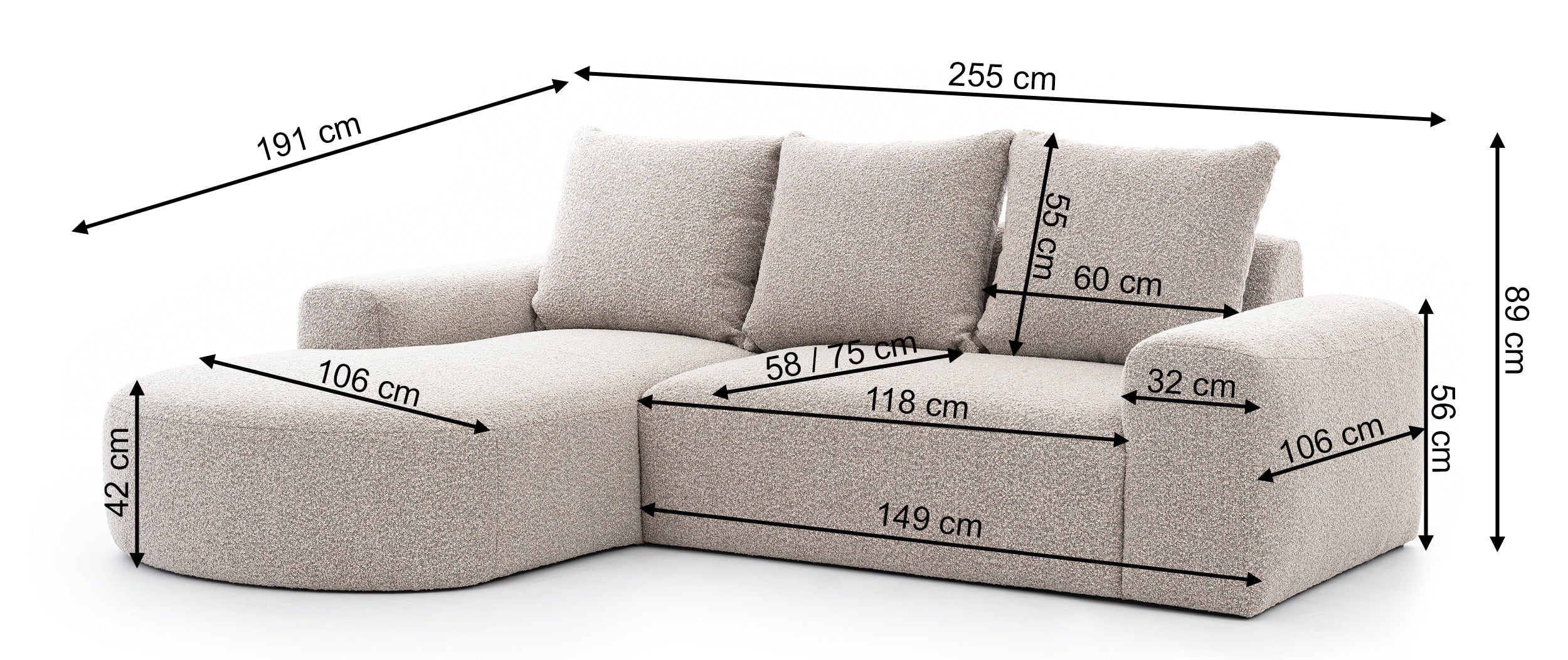 Narożnik modułowy Castellina L-kształtny 255 cm mniejszy ciemnobeżowy w tkaninie boucle lewostronny - Image 4