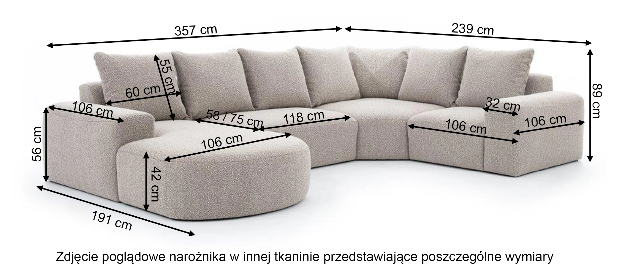 Narożnik modułowy Castellina U-kształtny z oparciem po prawej stronie ciemnobeżowy w tkaninie boucle - Image 4