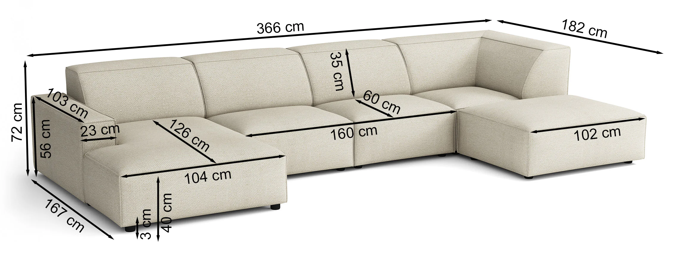 Narożnik modułowy Sellmo U-kształtny duży z pufą lewostronny kremowy szenil hydrofobowy - Image 5