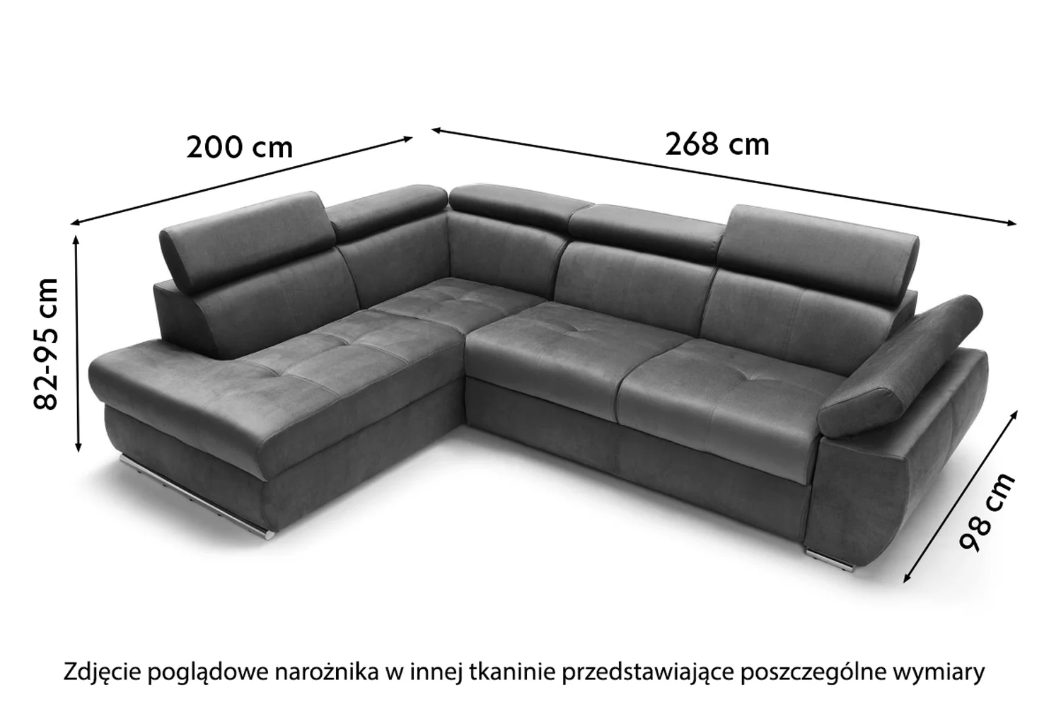 Narożnik z funkcją spania Ararip 268 cm L-kształtny z regulowanymi zagłówkami i pojemnikiem szary welur hydrofobowy lewostronny - Image 7