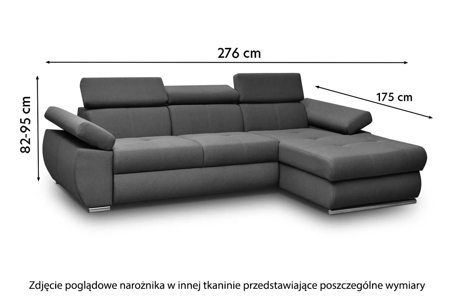 Narożnik z funkcją spania Ararip 276 cm L-kształtny z regulowanymi zagłówkami i pojemnikiem grafitowy welur hydrofobowy prawostronny - Image 4