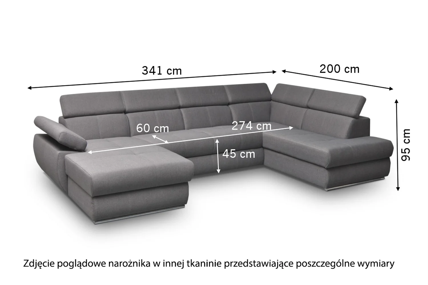 Narożnik z funkcją spania Ararip 341 cm U-kształtny z regulowanymi zagłówkami i pojemnikiem jasnobeżowy welur hydrofobowy lewostronny - Image 4