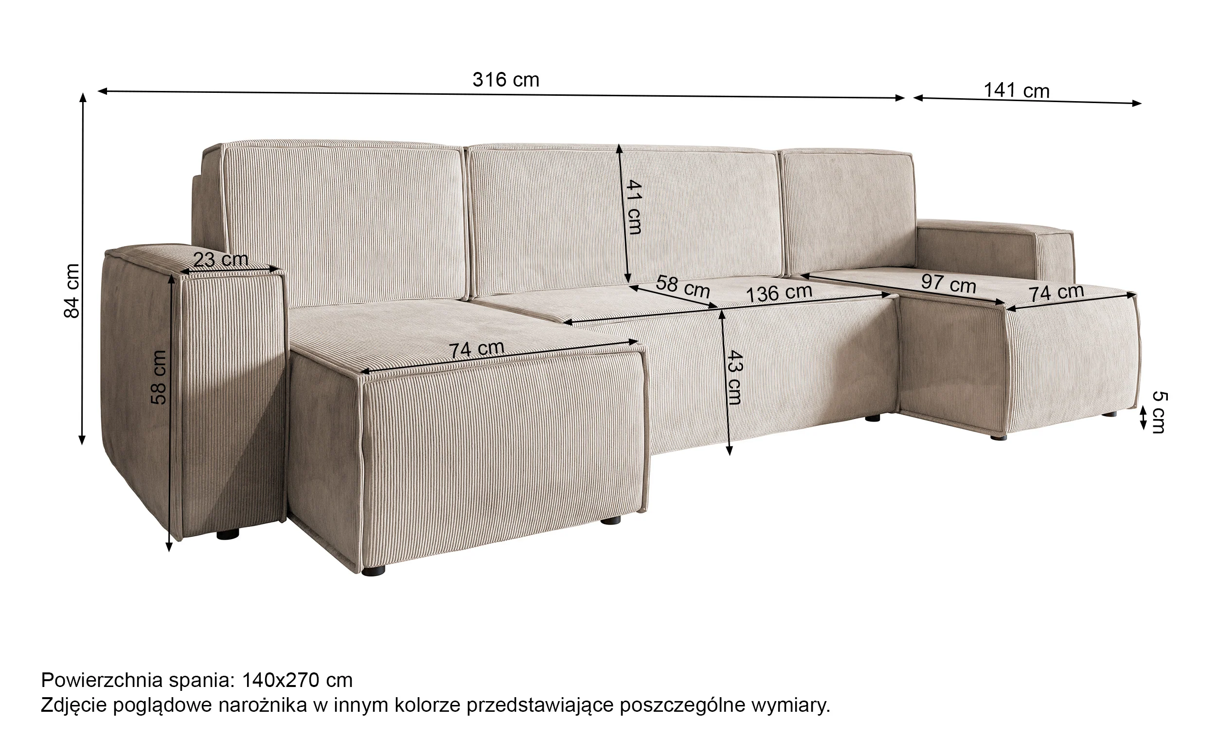 Narożnik z funkcją spania Copertino U-kształtny z pojemnikiem uniwersalny popielaty sztruks - Image 6