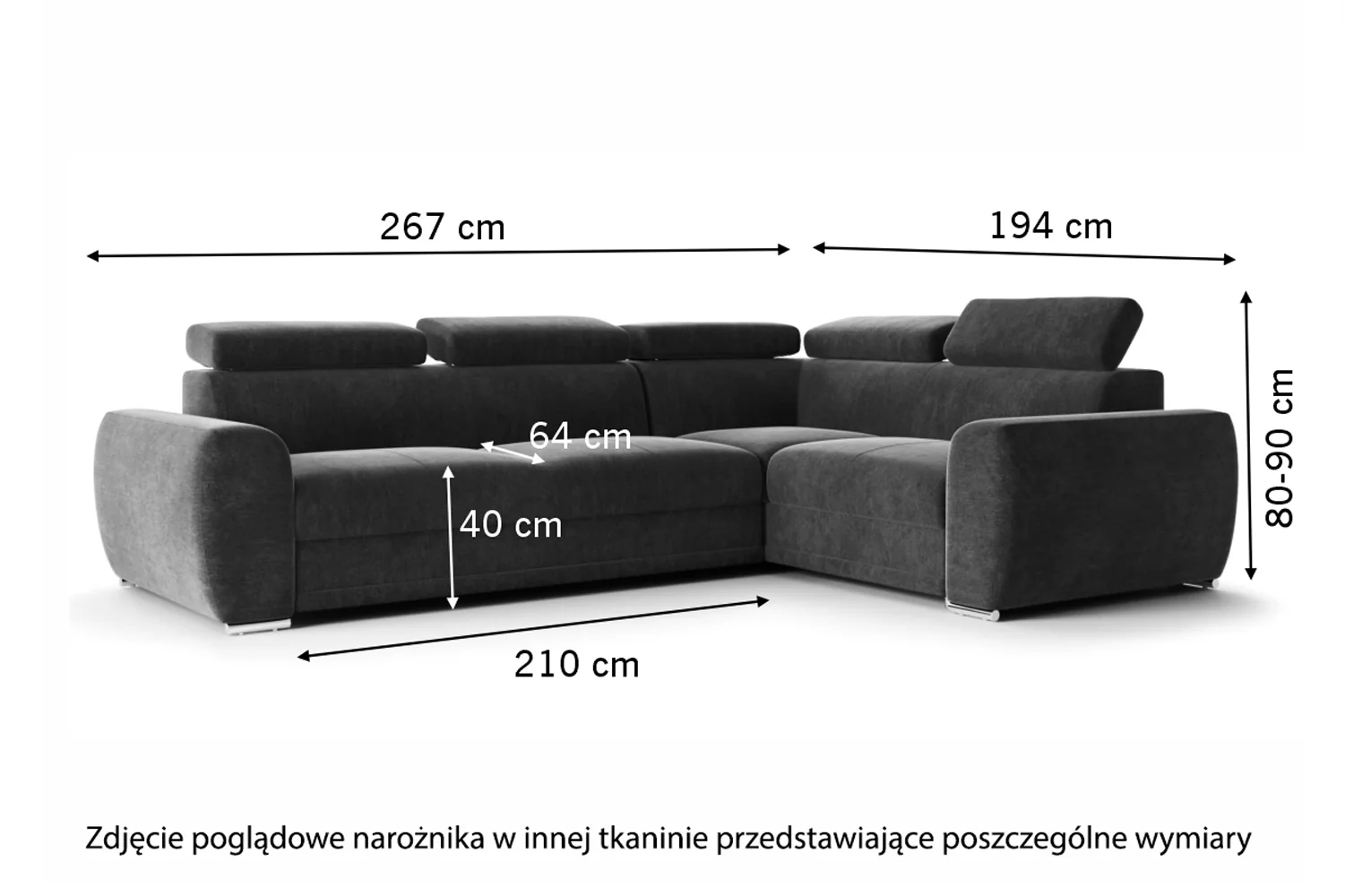 Narożnik z funkcją spania Danles L-kształtny z pięcioma regulowanymi zagłówkami i pojemnikiem granatowy welur hydrofobowy lewostronny - Image 5