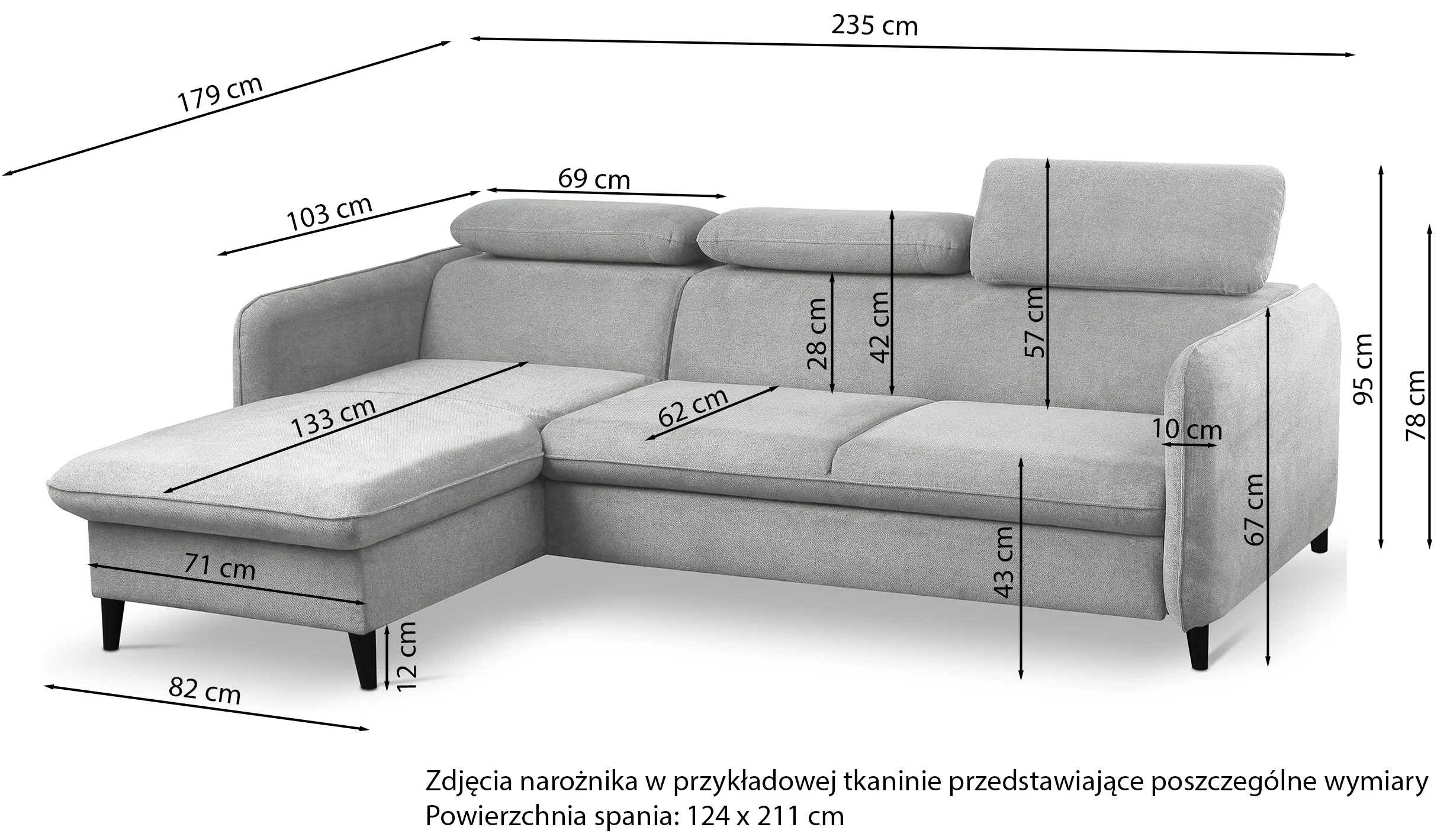 Narożnik z funkcją spania Drene L-kształtny lewostronny z regulowanymi zagłówkami i pojemnikiem ciemnoszary szenil hydrofobowy - Image 7