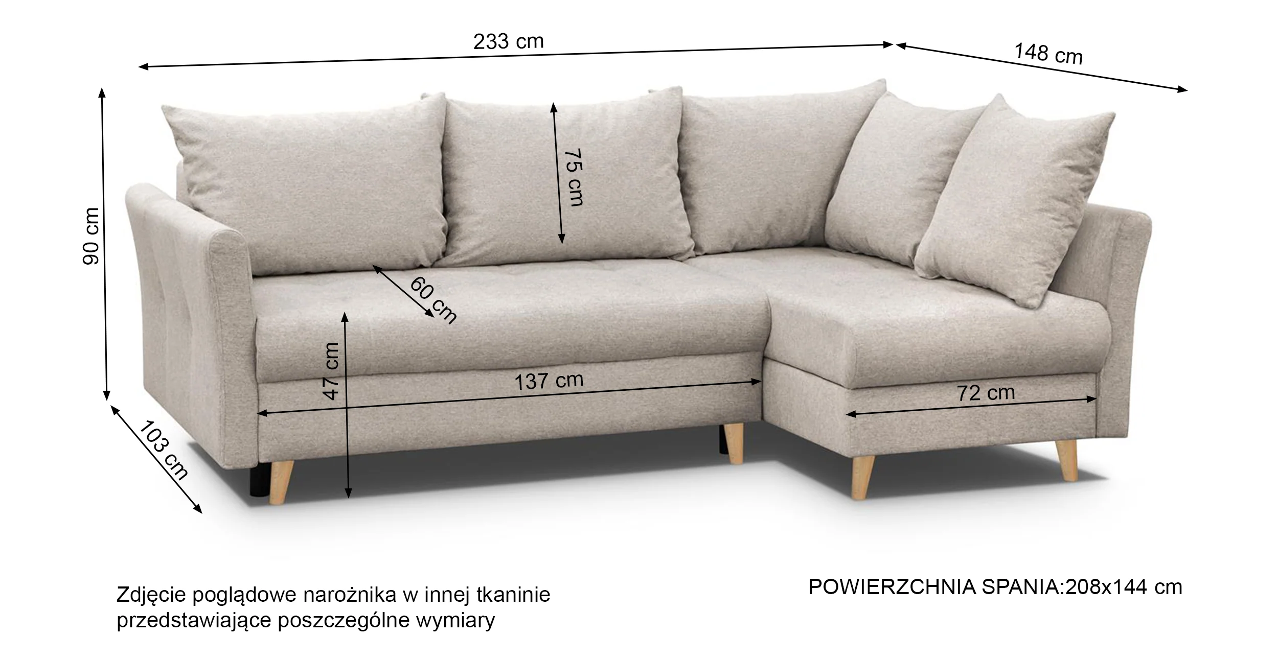 Narożnik z funkcją spania Lafre z pojemnikiem granatowy prawostronny w tkaninie hydrofobowej plecionka nogi buk - Image 7