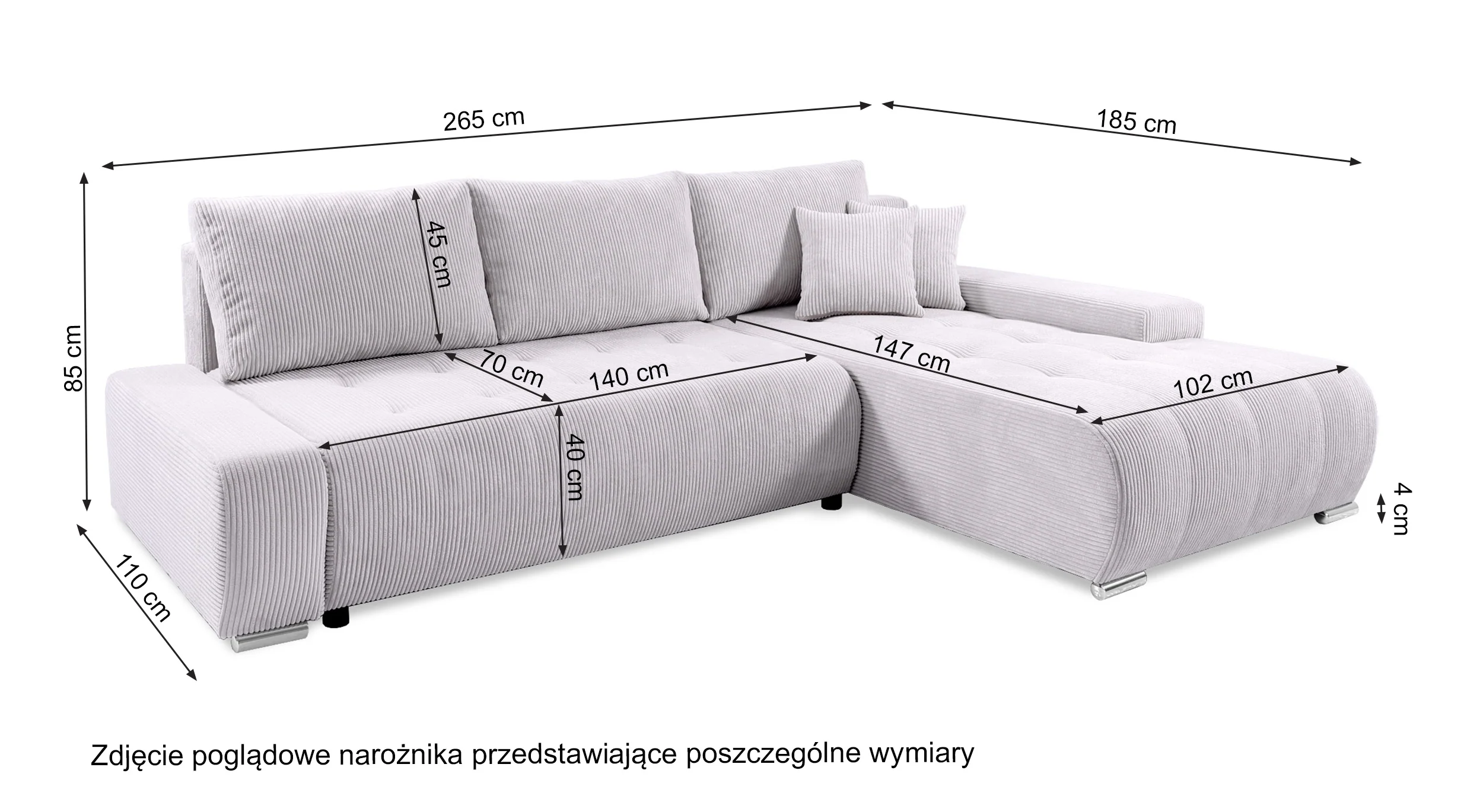 Narożnik z funkcją spania Magliano L-kształtny z pojemnikiem jasnoszary sztruks prawostronny - Image 7