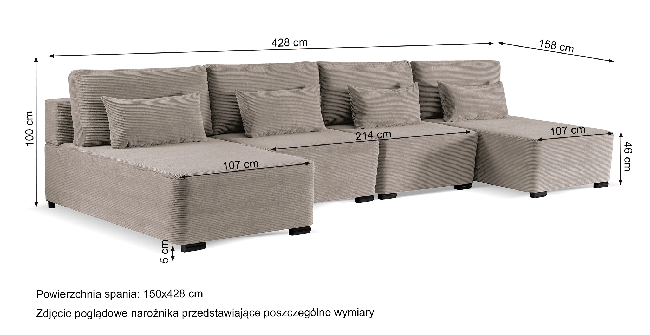 Narożnik z funkcją spania Moduliano U-kształtny duży z pojemnikiem uniwersalny jasnoszary sztruks - Image 8