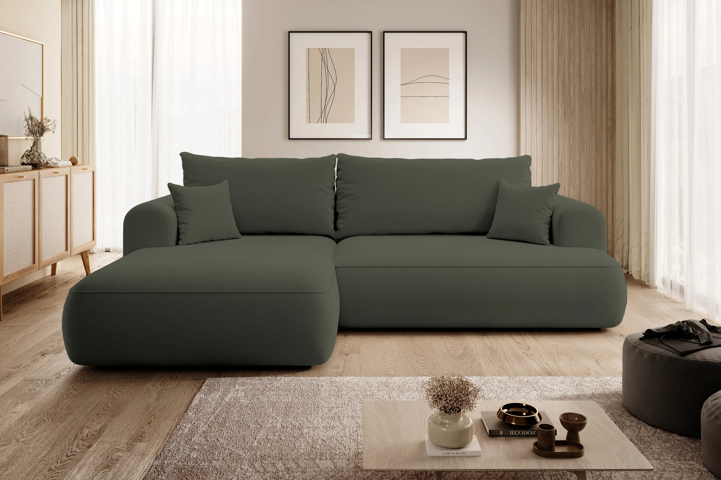 Narożnik z funkcją spania Ovo L-kształtny oliwkowy welur z pojemnikiem w tkaninie łatwoczyszczącej lewostronny - Image 3