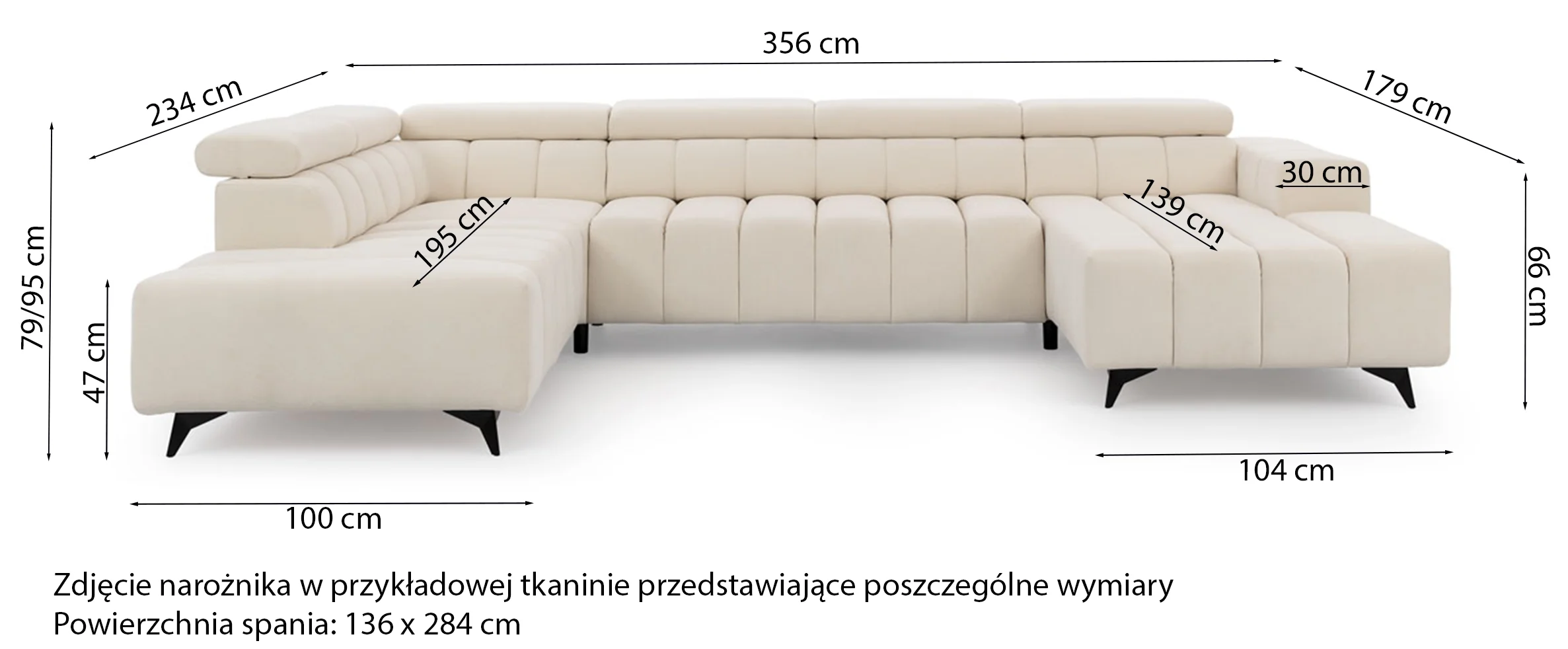 Narożnik z funkcją spania Ragussino U-kształtny z regulowanymi zagłówkami i dwoma pojemnikami kremowy szenil prawostronny - Image 10