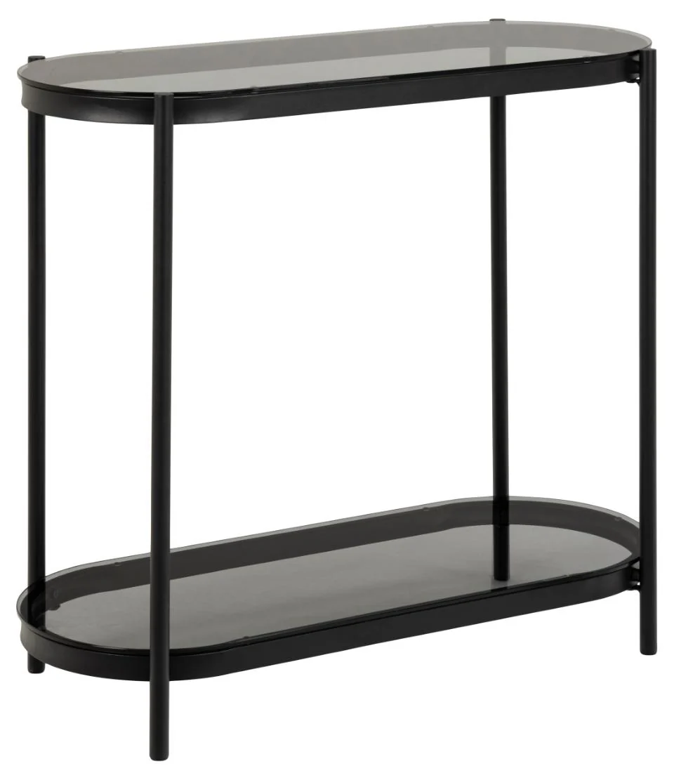 Owalna konsola Aykal czarna z dymionym szklanym blatem i półką na metalowej podstawie 86x35x76 cm