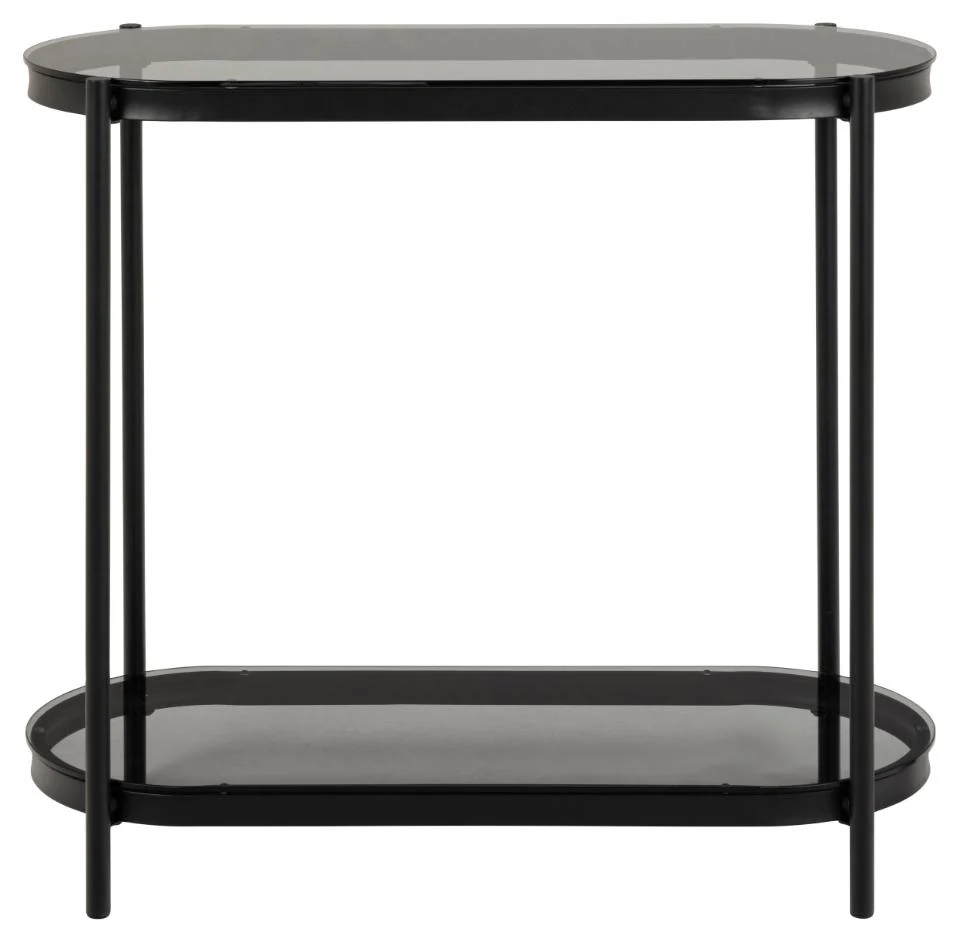 Owalna konsola Aykal czarna z dymionym szklanym blatem i półką na metalowej podstawie 86x35x76 cm - Image 2