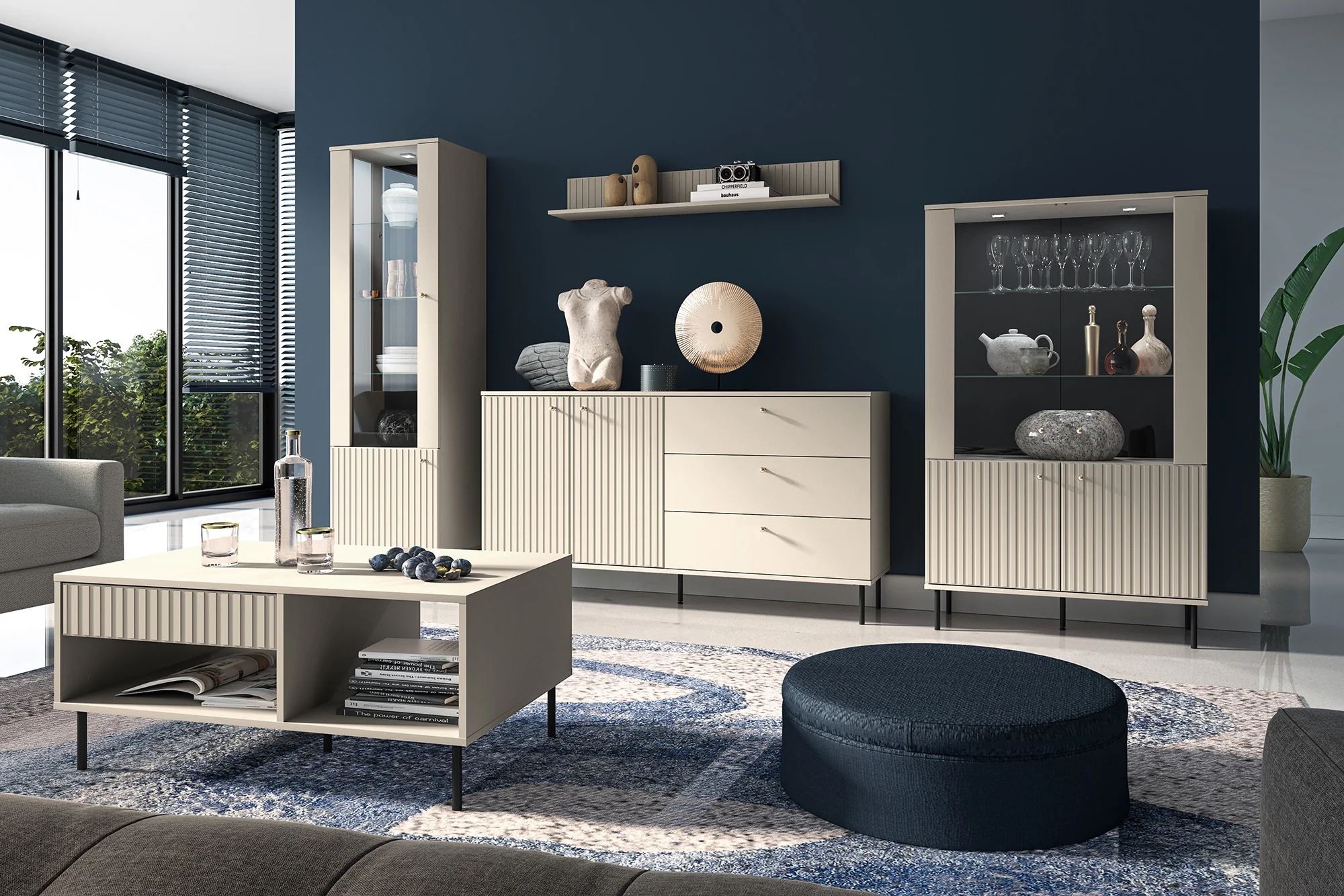 Półka ścienna Caletto 120 cm ozdobne lamele beżowa - Image 3