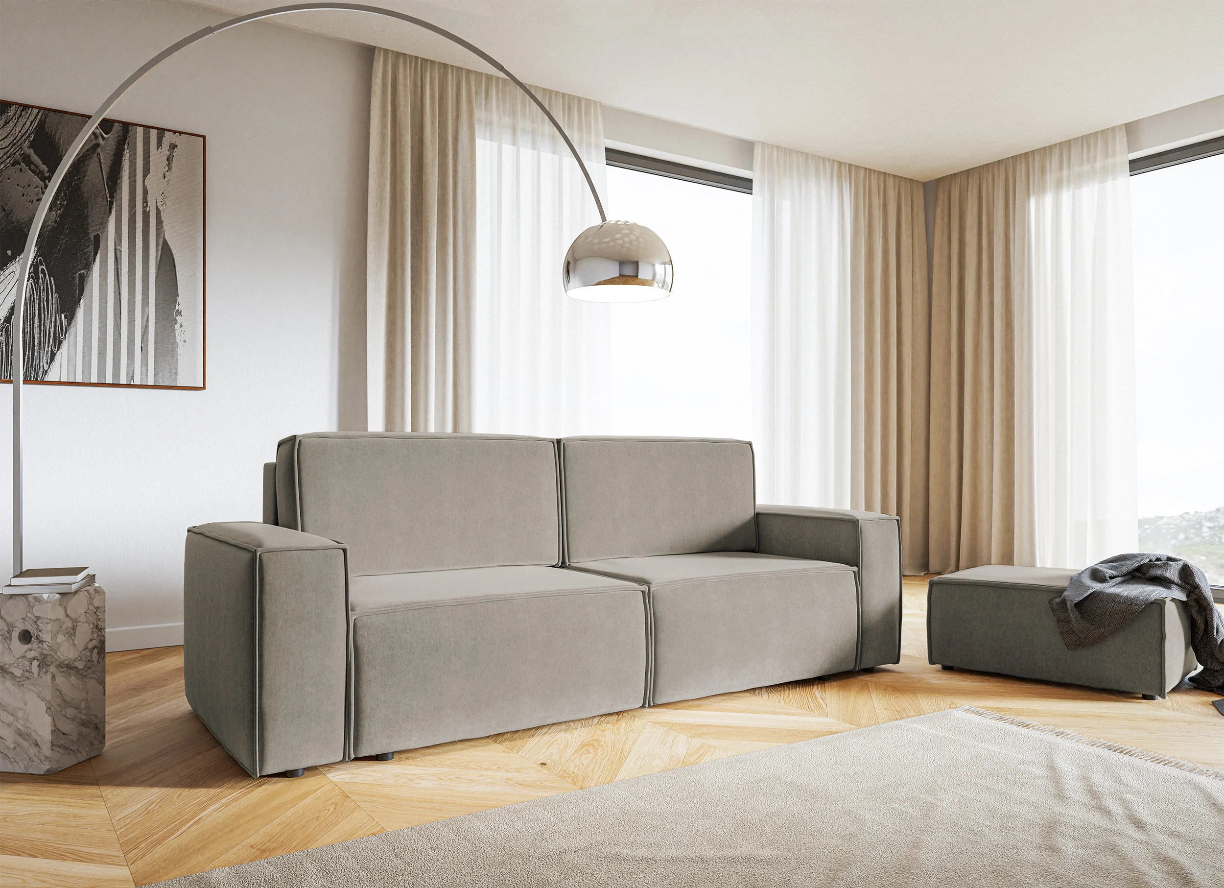 Pufa Copertino 65x90 cm szarobeżowa welur hydrofobowy - Image 2