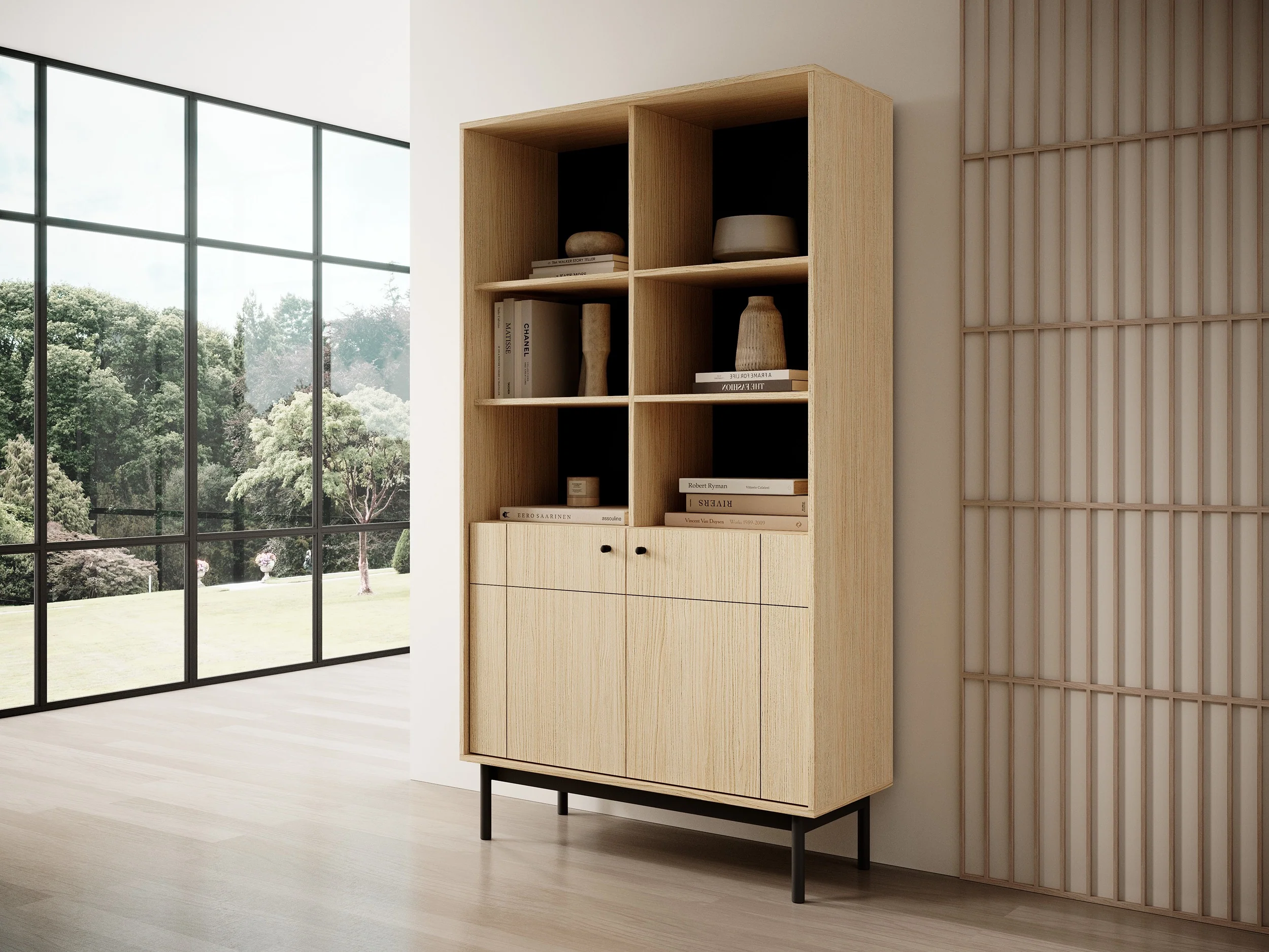 Regał dwudrzwiowy Japandies z półkami 104 cm Dąb linea - Image 2