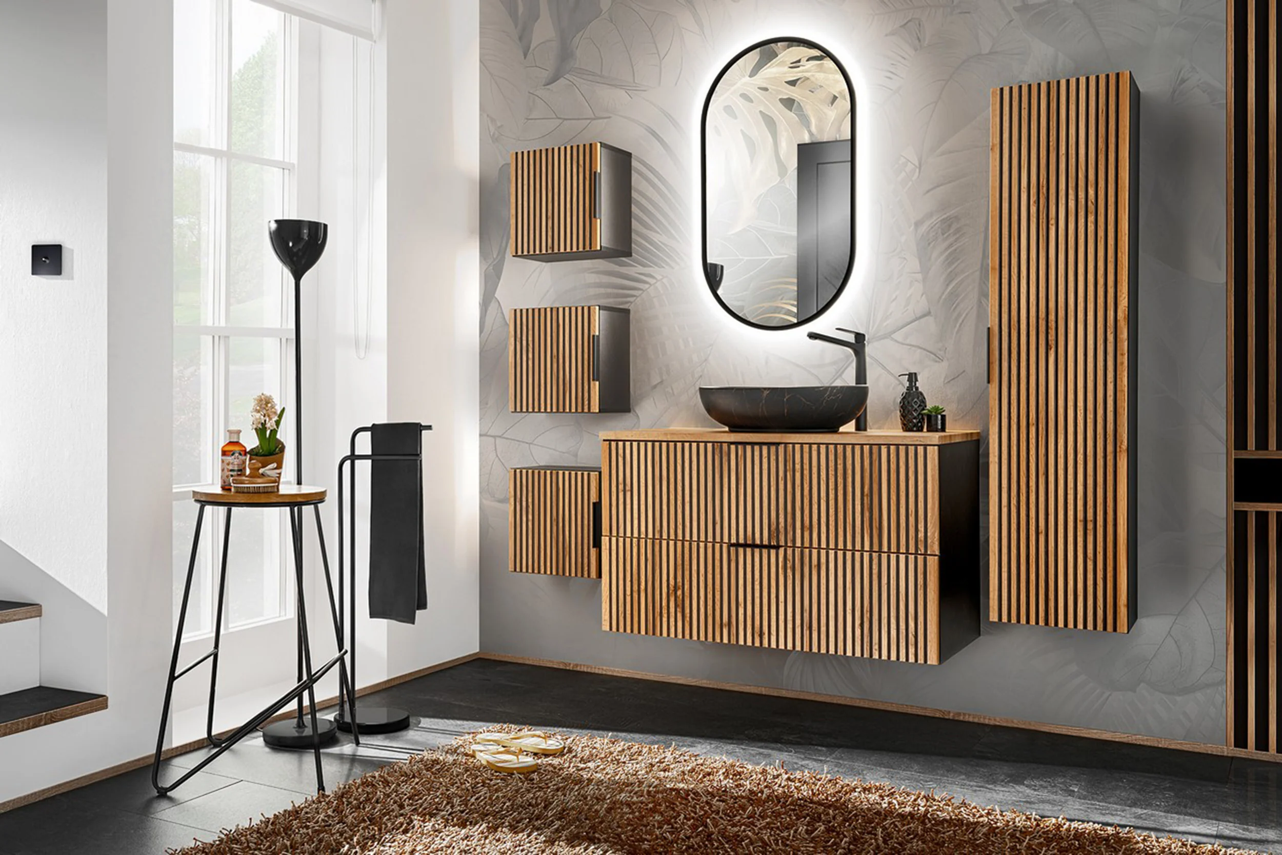 Słupek łazienkowy Ossolies 35x140 cm wiszący czarny/dąb lamele - Image 6