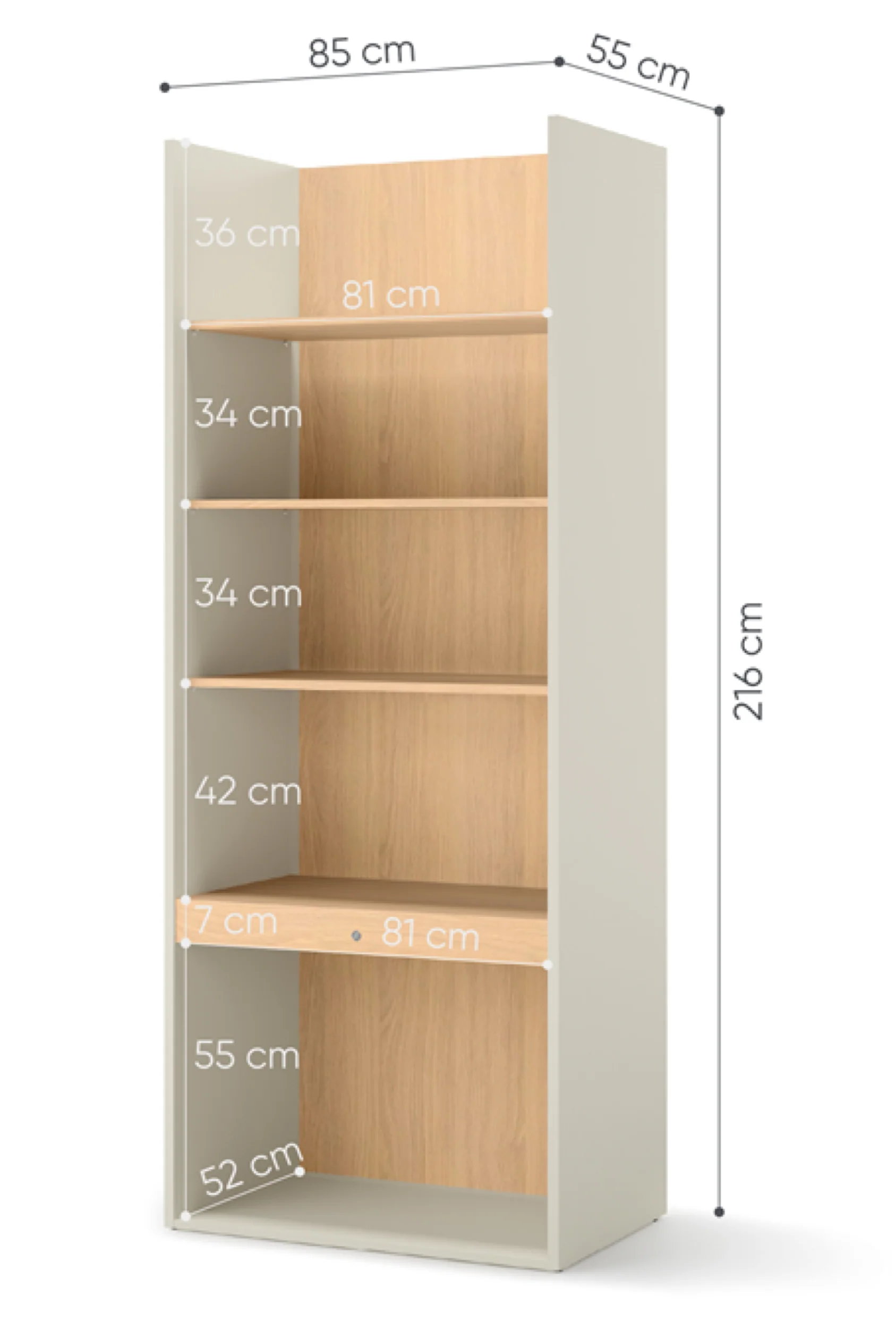 Regał młodzieżowy szeroki Woow z pięcioma półkami i oświetleniem 85 cm szampański/dąb vincenza bielona - Image 4