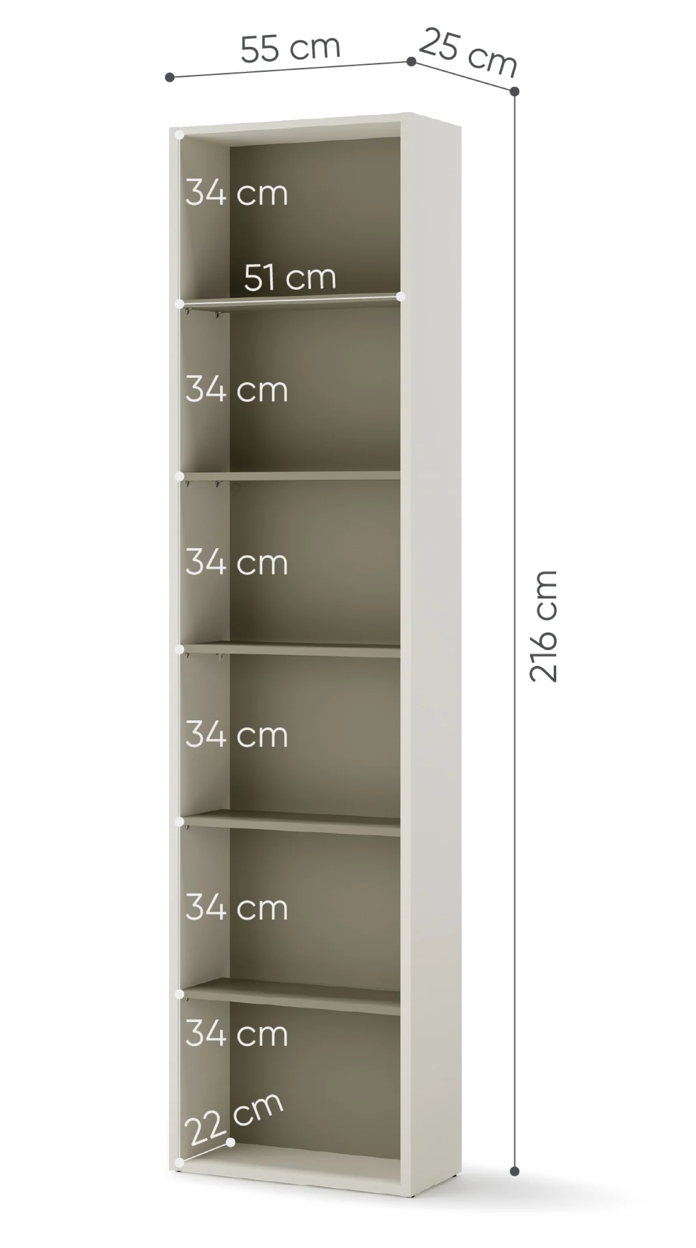 Regał młodzieżowy wąski Woow z sześcioma półkami i oświetleniem 55 cm szampański/eukaliptus - Image 6