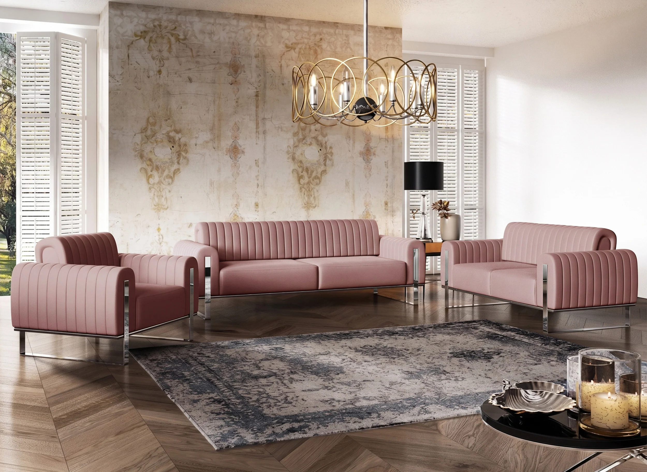 Sofa dwuosobowa Parissa różowa welur nogi chrom - Image 3