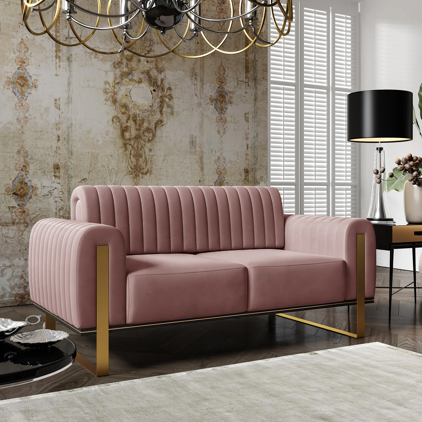 Sofa dwuosobowa Parissa różowa welur złote nóżki - Image 2