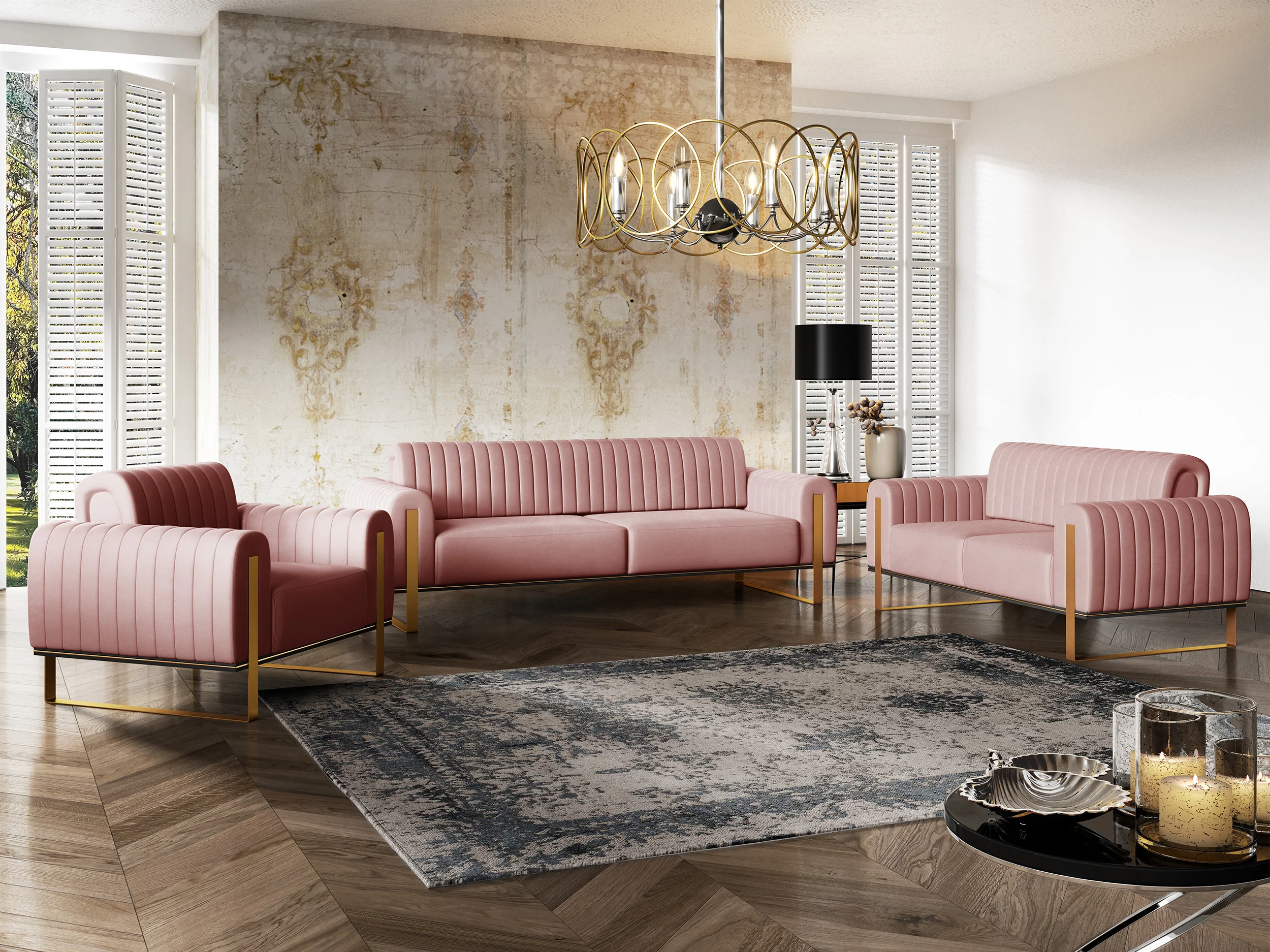 Sofa dwuosobowa Parissa różowa welur złote nóżki - Image 3