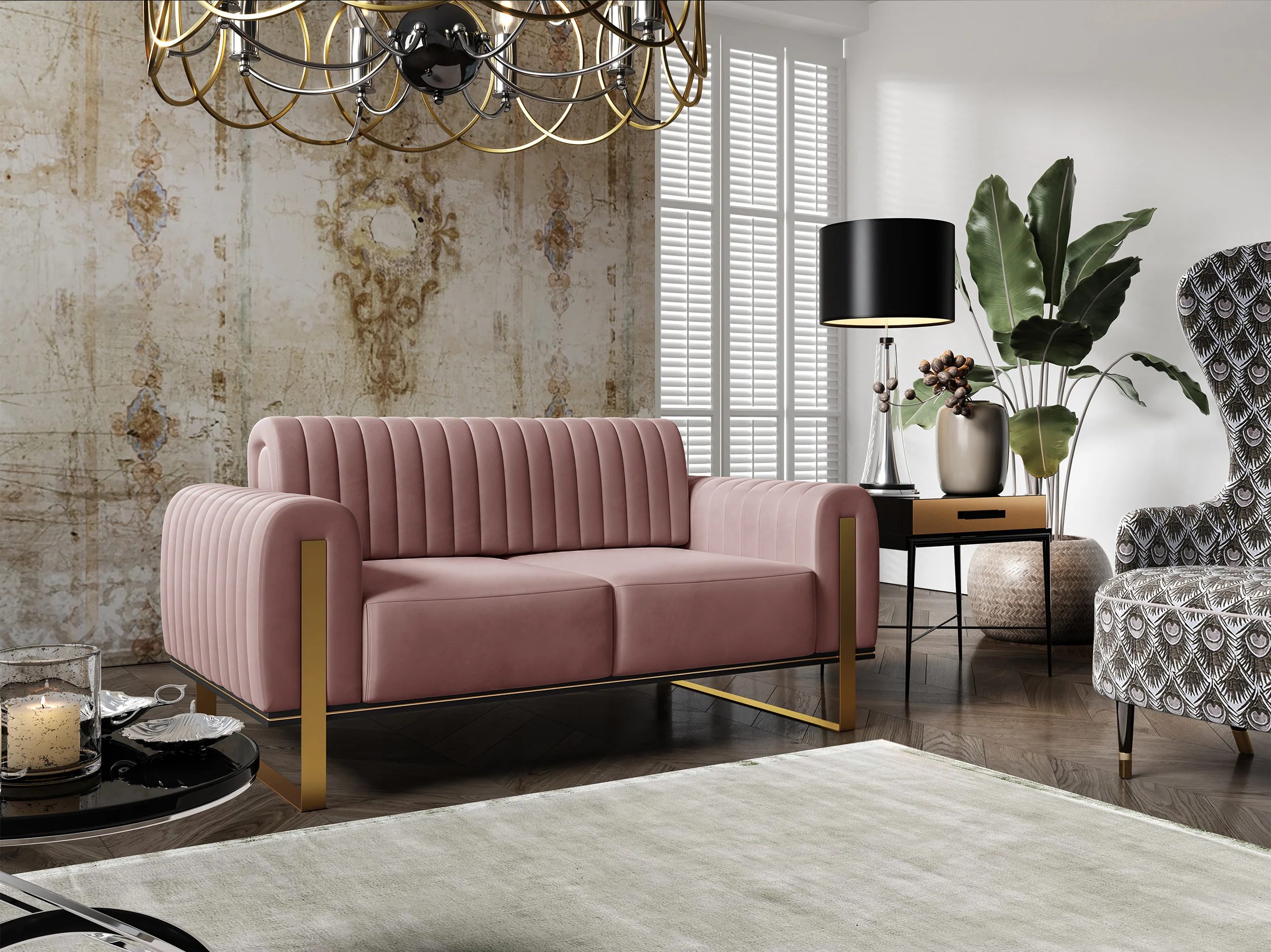 Sofa dwuosobowa Parissa różowa welur złote nóżki - Image 4