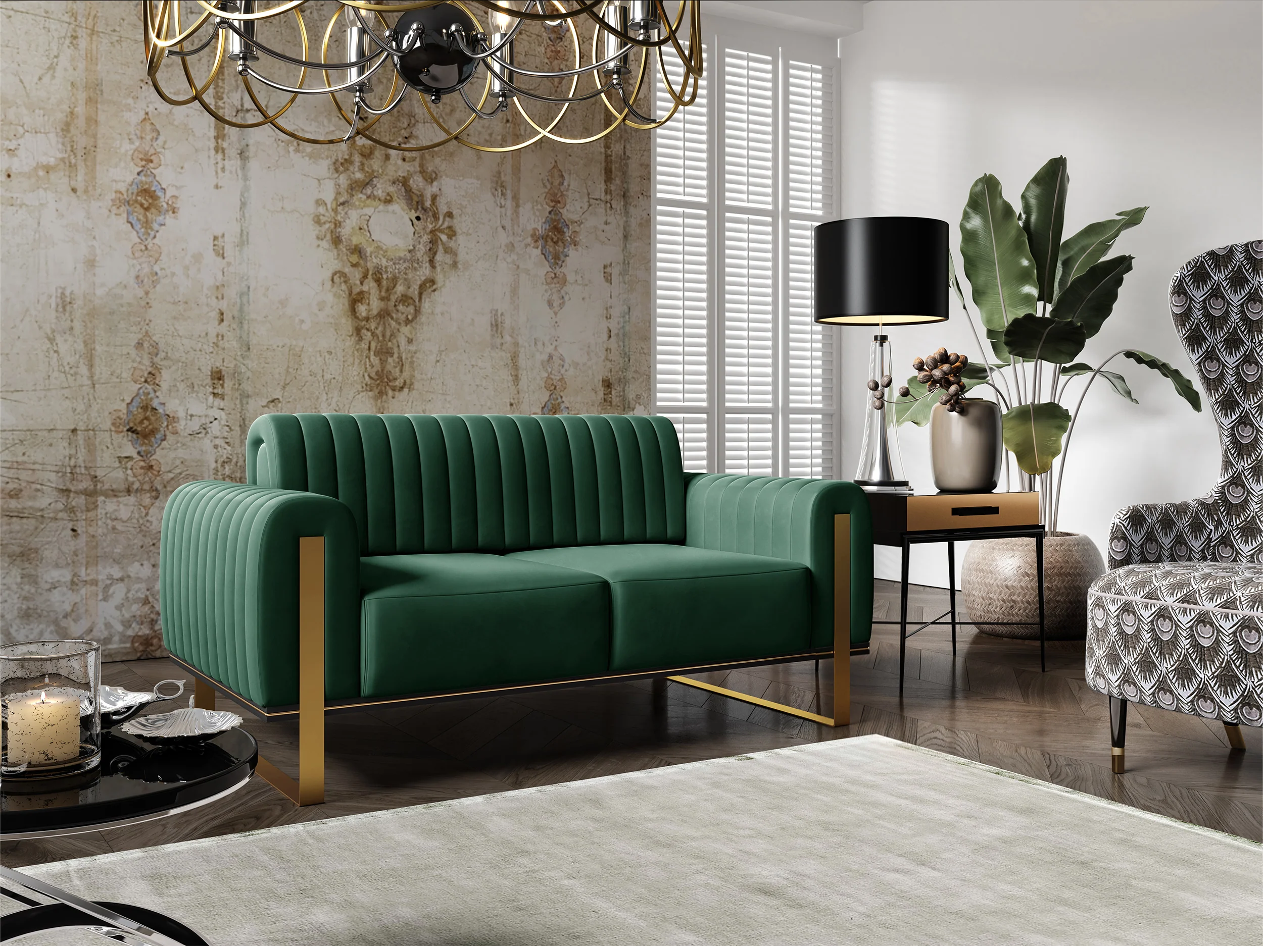 Sofa dwuosobowa Parissa zielona welur złote nóżki - Image 4