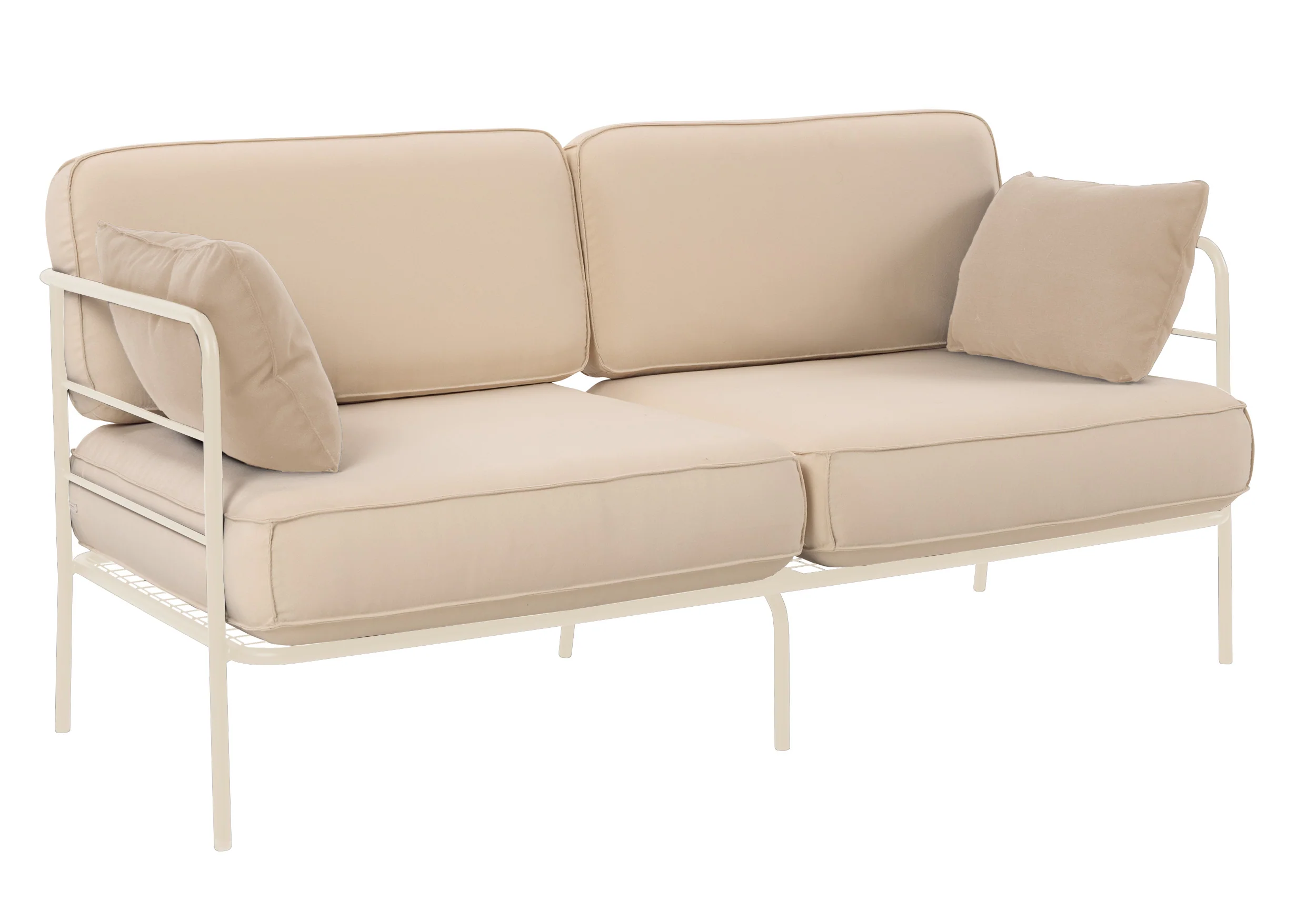 Sofa ogrodowa dwuosobowa Preggel 156 cm w tkaninie hydrofobowej beżowa/ kremowy stelaż