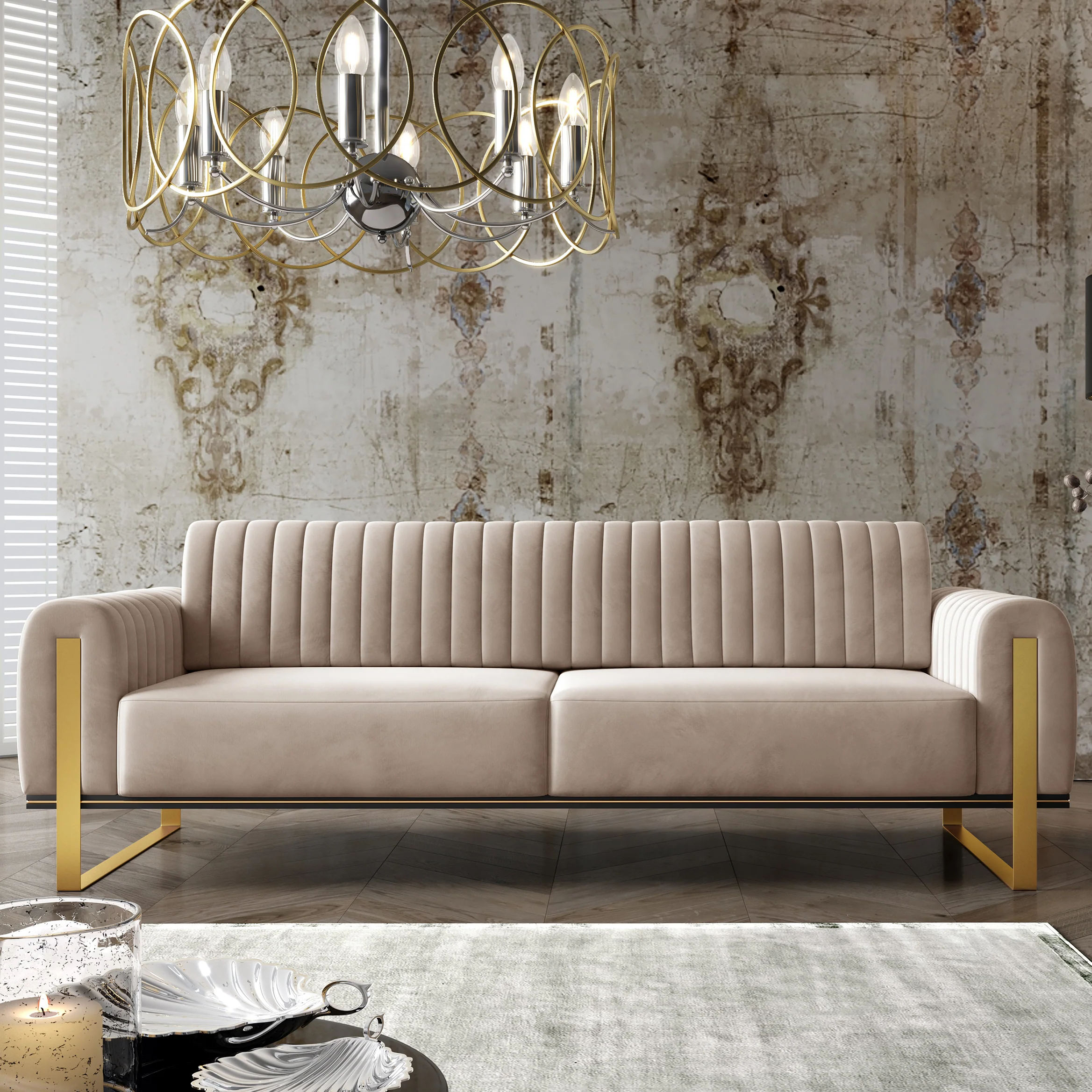 Sofa trzyosobowa Parissa jasnobeżowa welur złote nóżki - Image 2